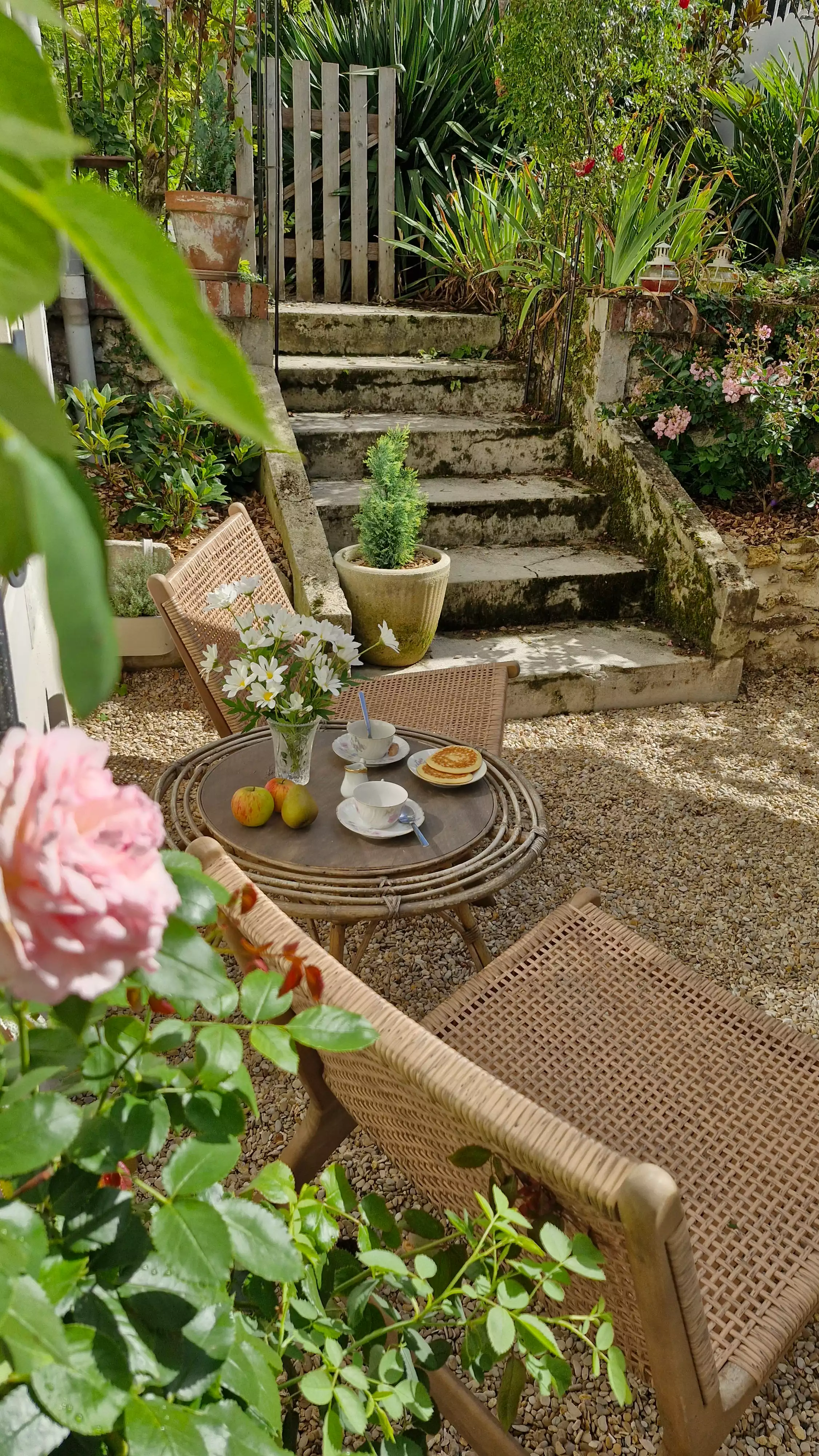 Photo du salon de jardin, et des fleurs qui l'entourent