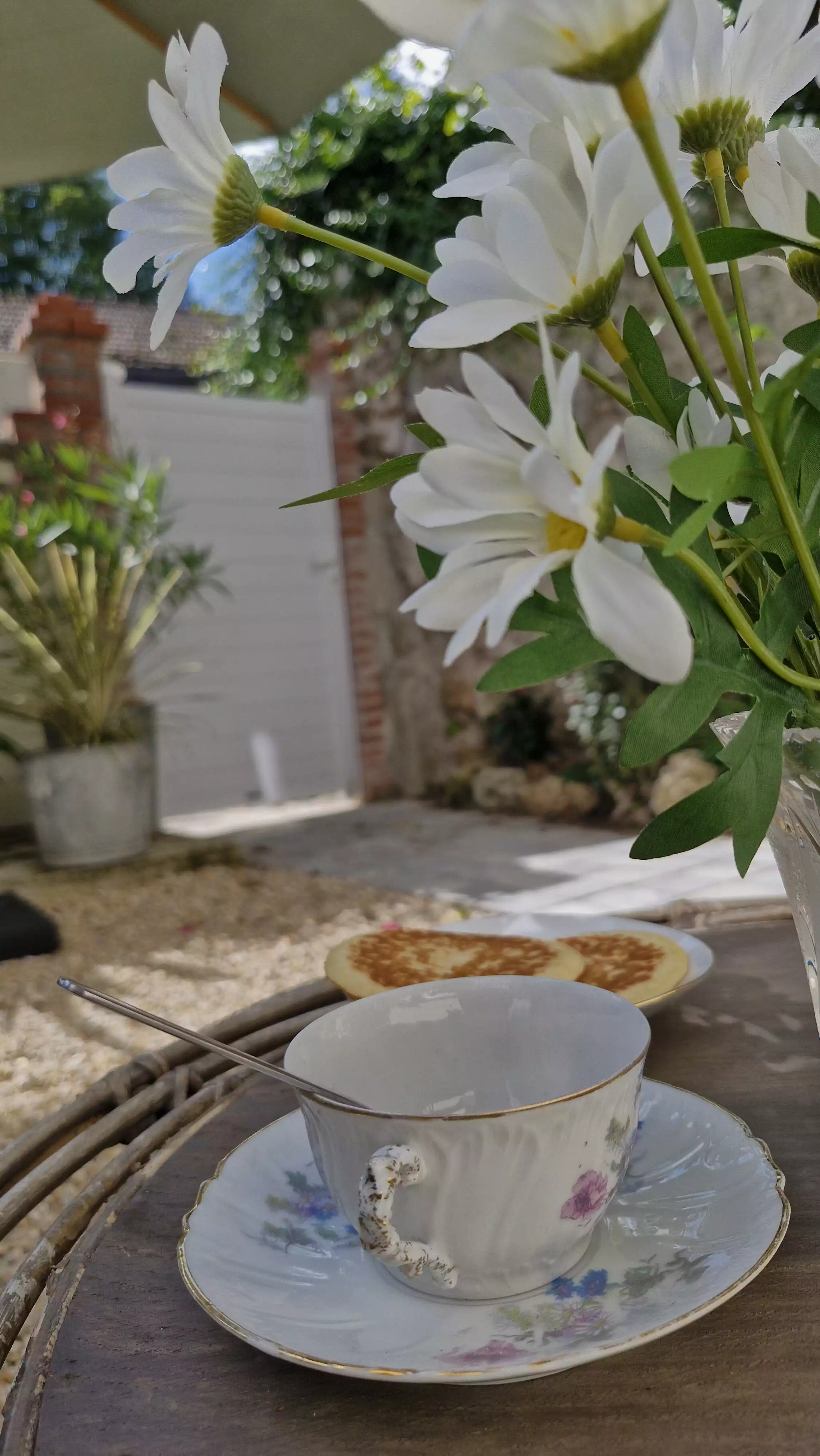 Photo d'un petit déjeuner sous un bouquet de marguerites, sur la table basse du jardin, laissant apercevoir le portique d'entrée en arrière plan