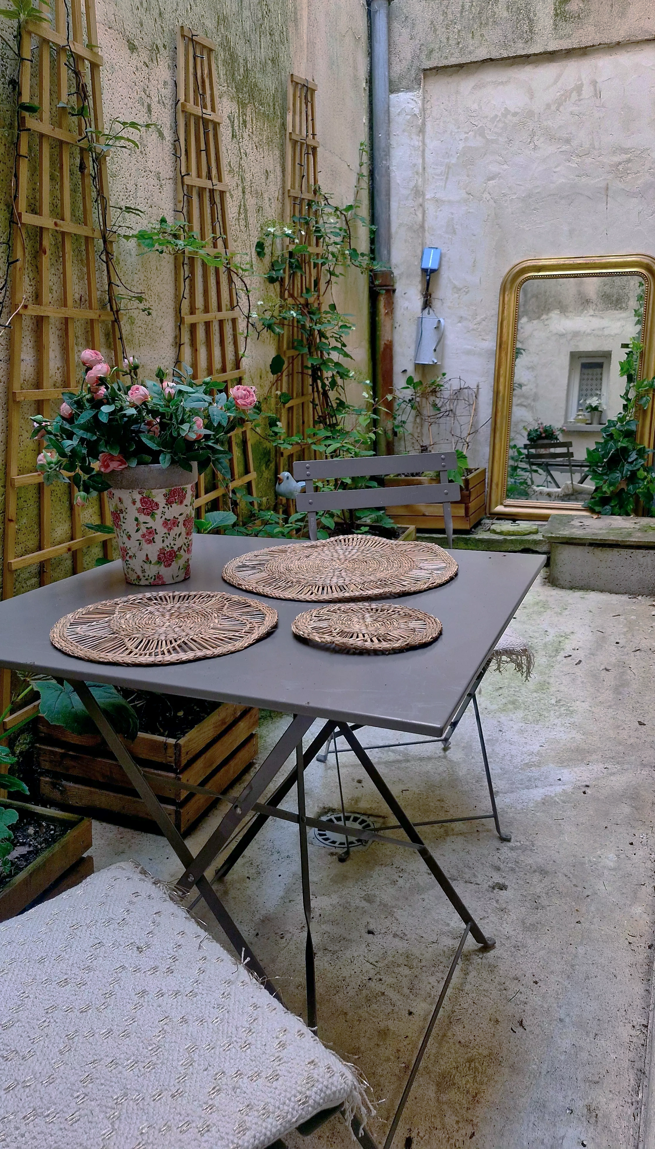 Photo du patio dans sa longueur, montrant la table, les chaises et le miroir qui orne le fond du patio