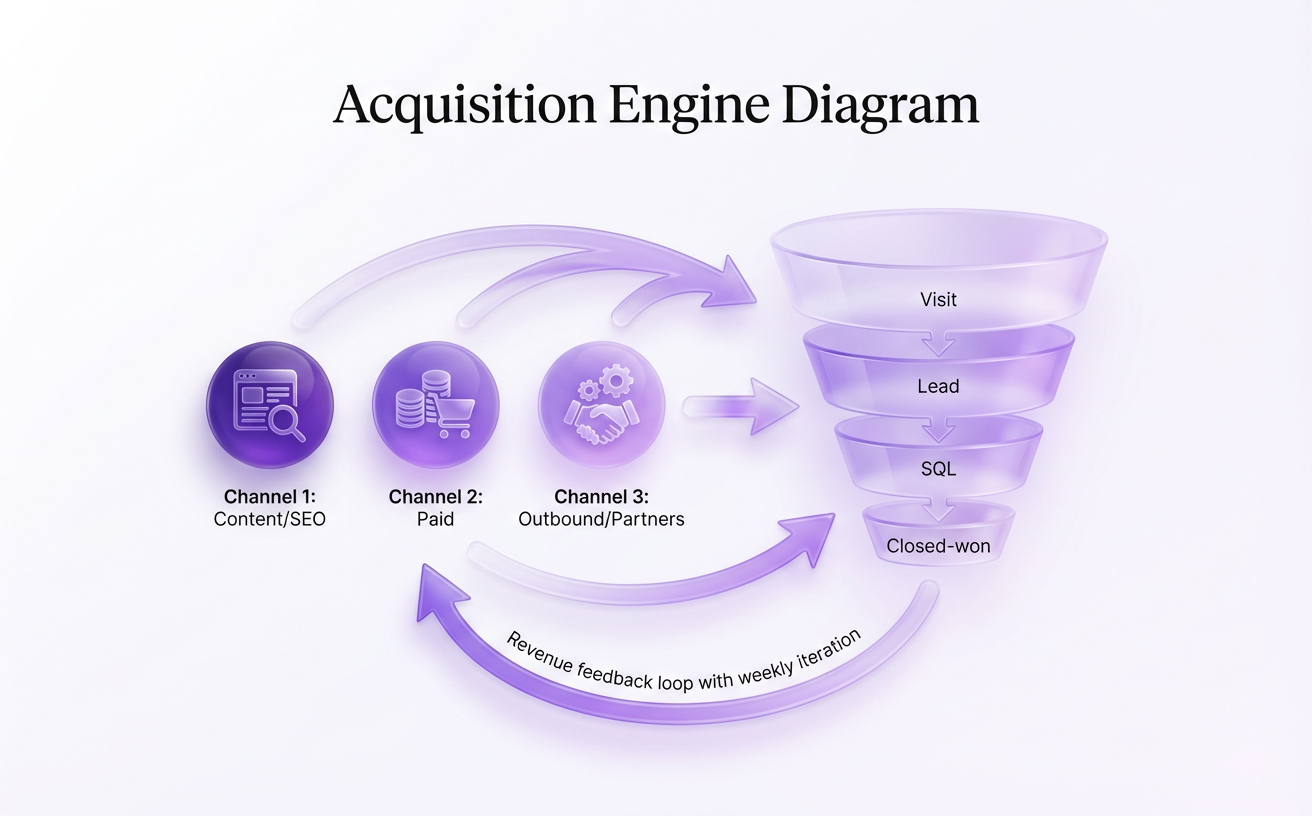 A 3-channel acquisition engine tied to revenue, not activity.
