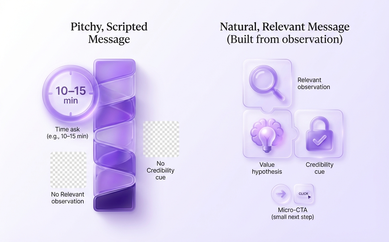 Replace “scripted pitch” with “relevant observation + micro-ask.”