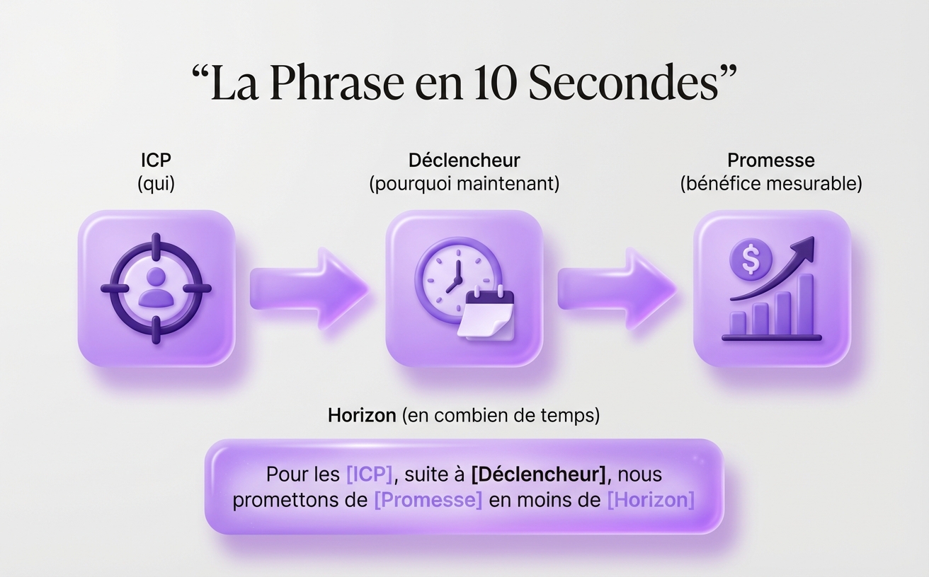 La phrase en 10 secondes : cible + déclencheur + promesse business