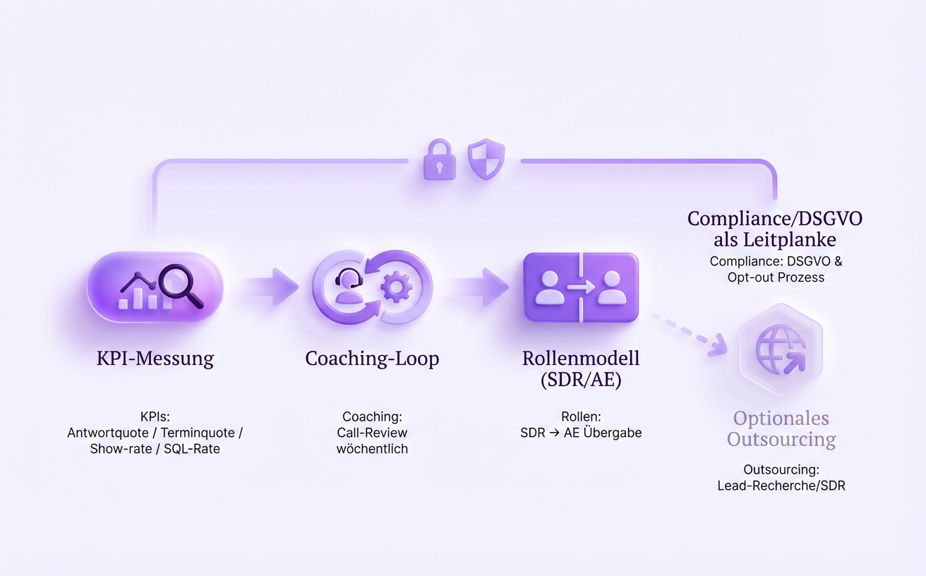 Skalierung entsteht durch ein System aus KPIs, Coaching, Rollen, sauberer Übergabe und Compliance.