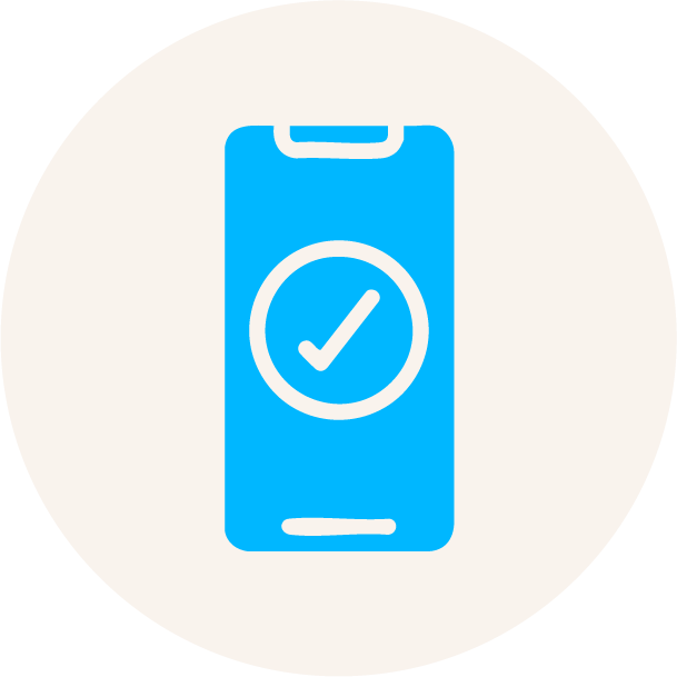 Blue smartphone icon with a checkmark inside a circle on the screen.