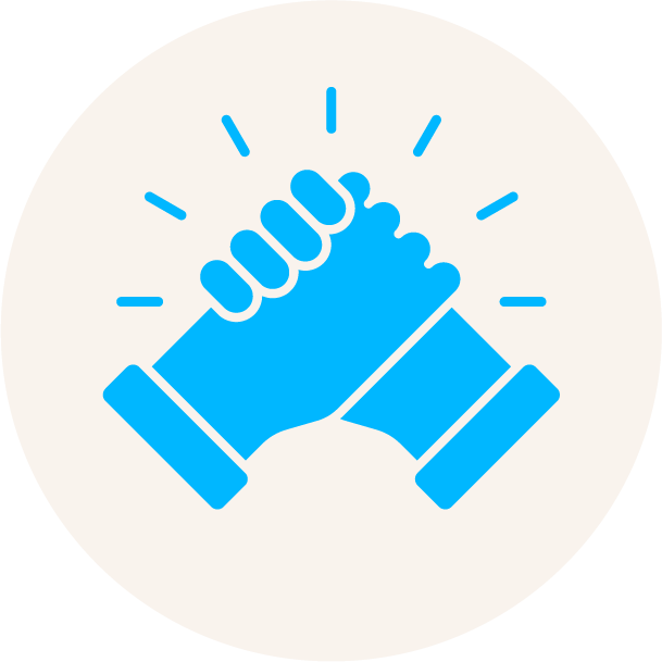 Two blue hands clasping each other in a handshake with radiating lines around them.
