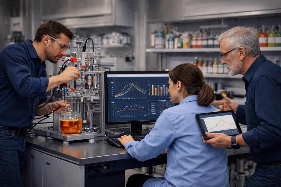 Drei Wissenschaftler im Labor arbeiten zusammen, analysieren Daten auf einem Computer und Tablet mit chemischen Apparaturen im Hintergrund.