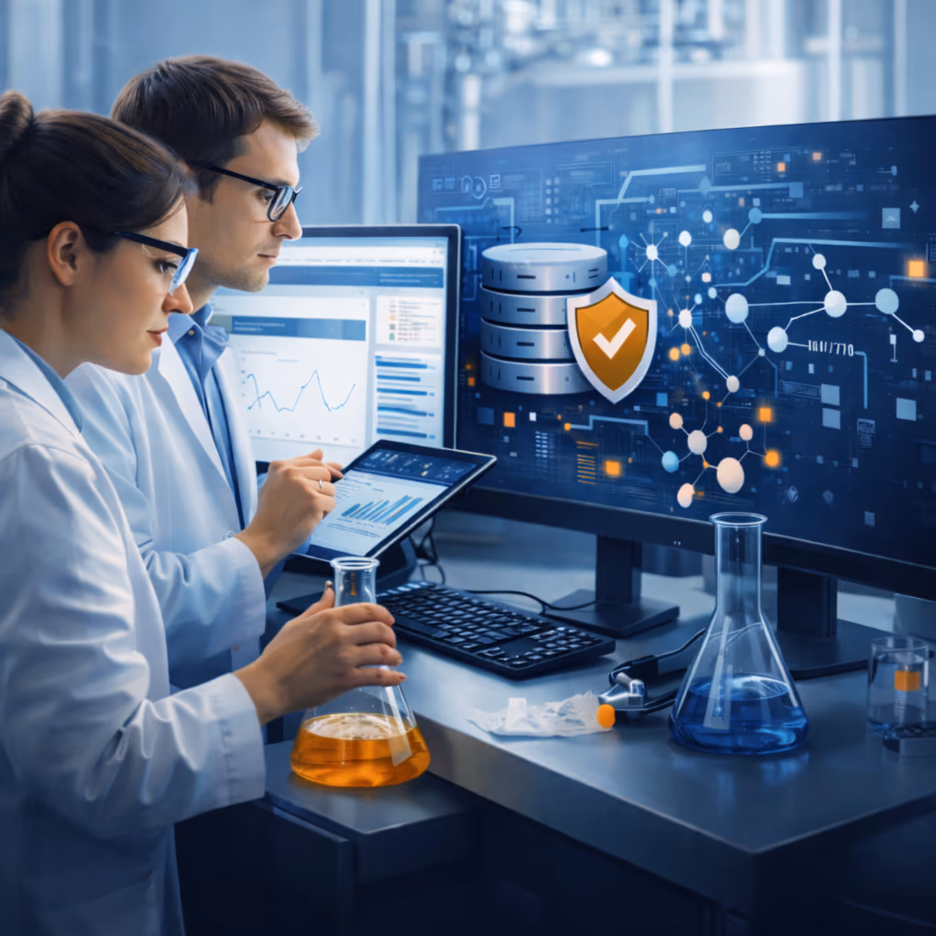 Zwei Enwickler in der Klebstoffindustrie analysieren Formulierungsdaten und werten diese aus.