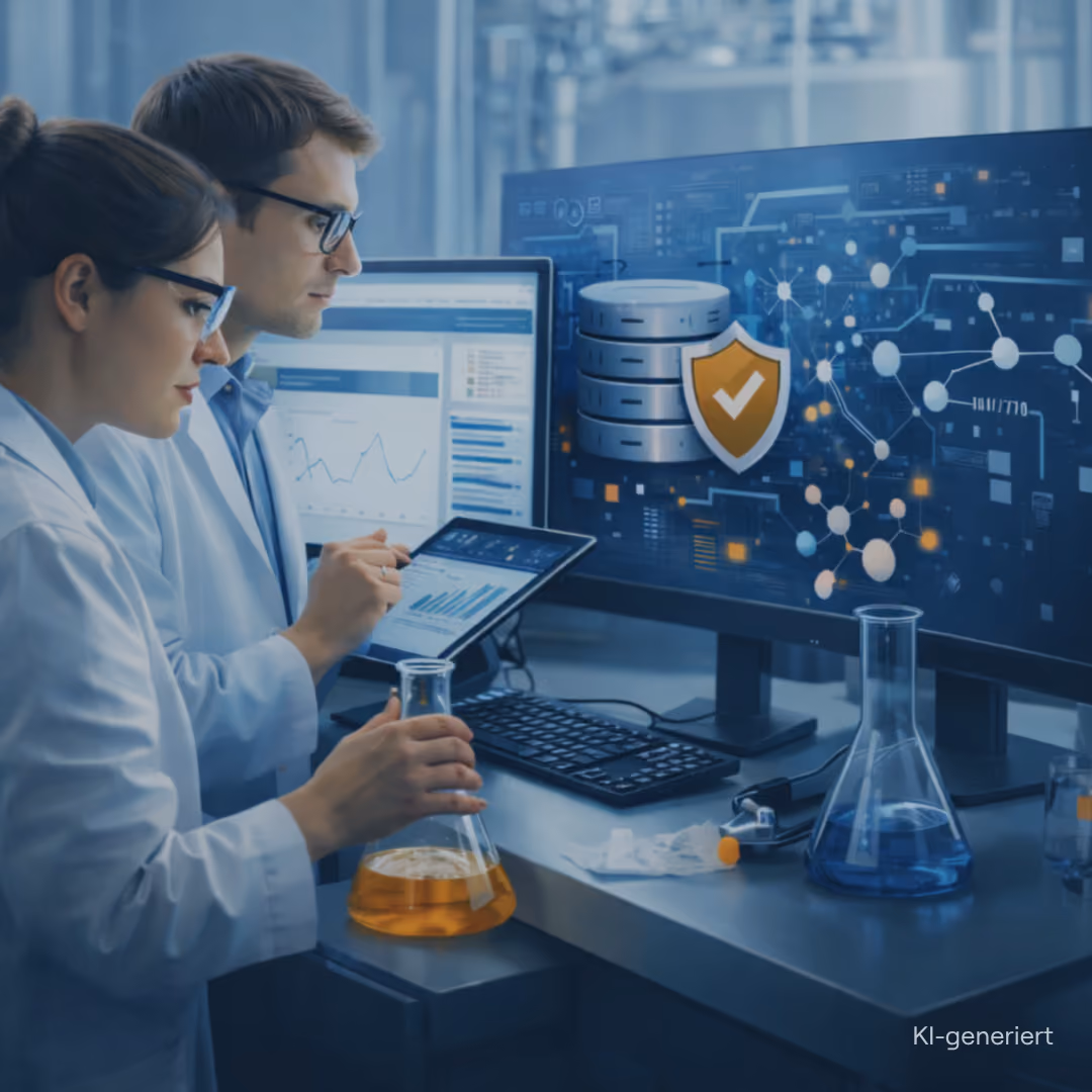 Zwei Enwickler in der Klebstoffindustrie analysieren Formulierungsdaten und werten diese aus.
