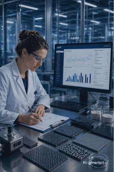 Materialentwicklerin dokumentiert Versuchsergebnisse neben einer strukturierten LabV-Datenauswertung.