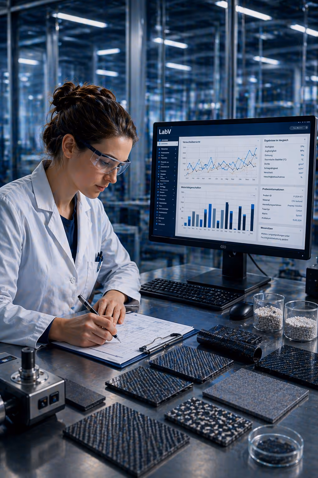 Materialentwicklerin dokumentiert Versuchsergebnisse neben einer strukturierten LabV-Datenauswertung.