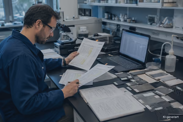 Materialentwickler vergleicht Tabellenstände, Laborbuch und beschriftete Materialproben manuell.