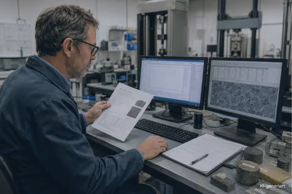 Materialforscher gleicht getrennte Prüfdaten auf zwei Systemen und einem Papierbericht ab.
