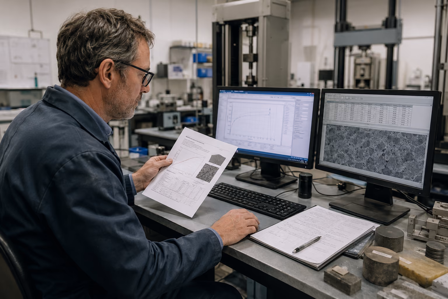 Materialforscher gleicht getrennte Prüfdaten auf zwei Systemen und einem Papierbericht ab.