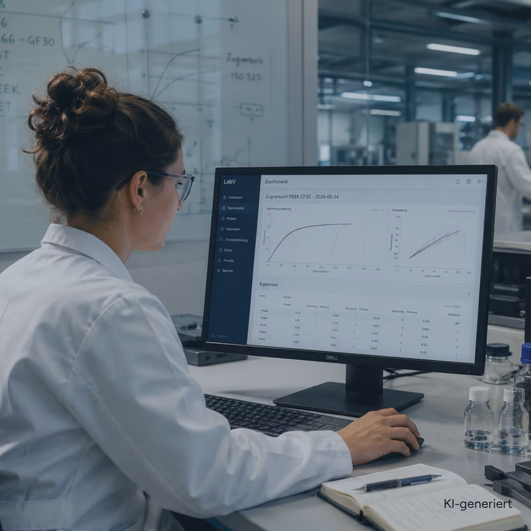 Wissenschaftlerin mit Brille arbeitet am Computer mit Diagrammen und Daten in einem Labor.