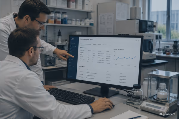 Zwei Wissenschaftler in weißen Kitteln betrachten Labordaten auf einem Computermonitor.