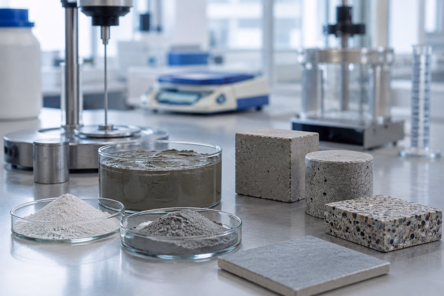 Laborproben aus Mörtel und Zement für die Formulierungsentwicklung in der Bauchemie