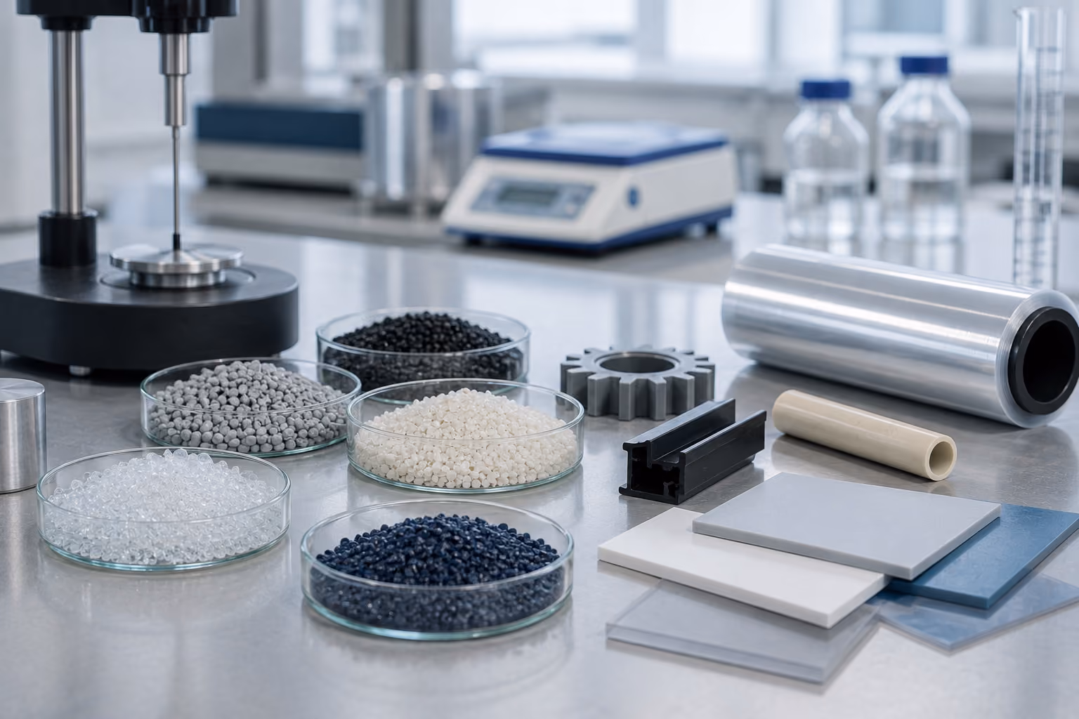 Nahaufnahme von schwarzen und blauen Kunststoffgranulaten für die Materialentwicklung.