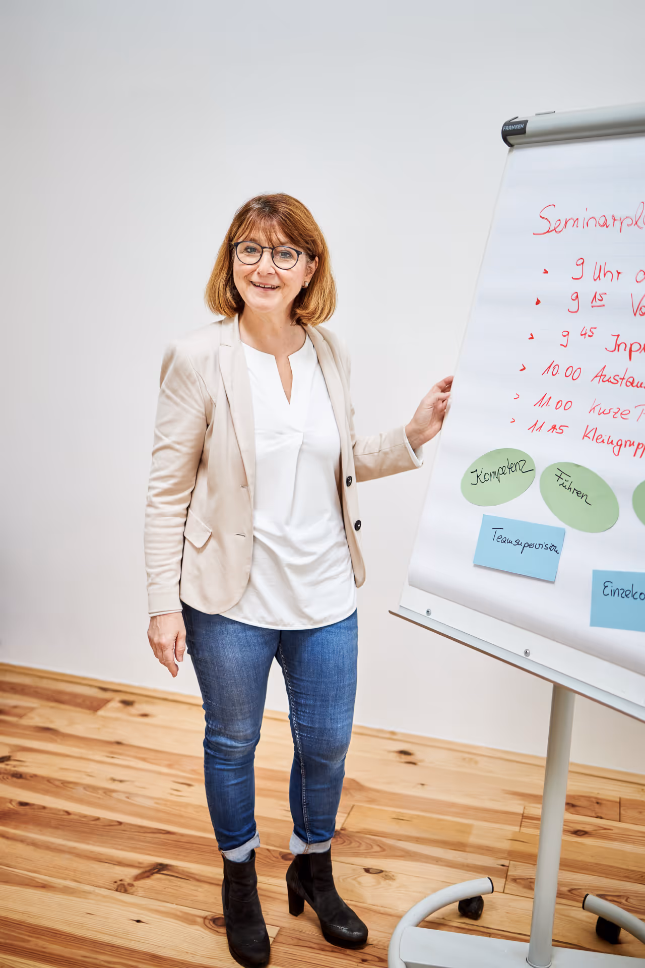 Frau steht lächelnd vor einem Flipchart mit Notizen – Präsentations- oder Trainingssituation in freundlicher Umgebung