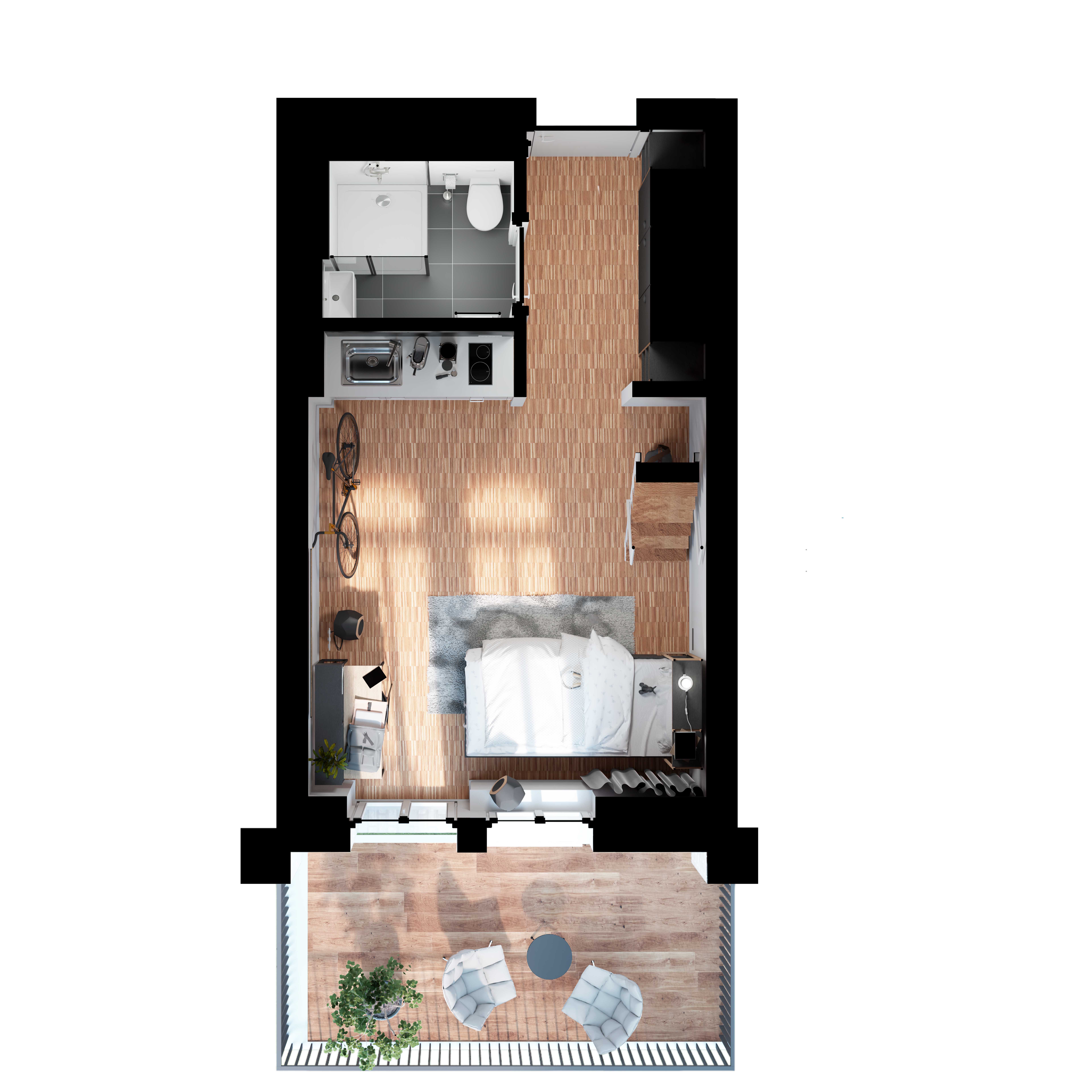 Grundriss Apartment BALCONY, kompakte Wohnfläche mit Küche, Bad und Balkonzugang