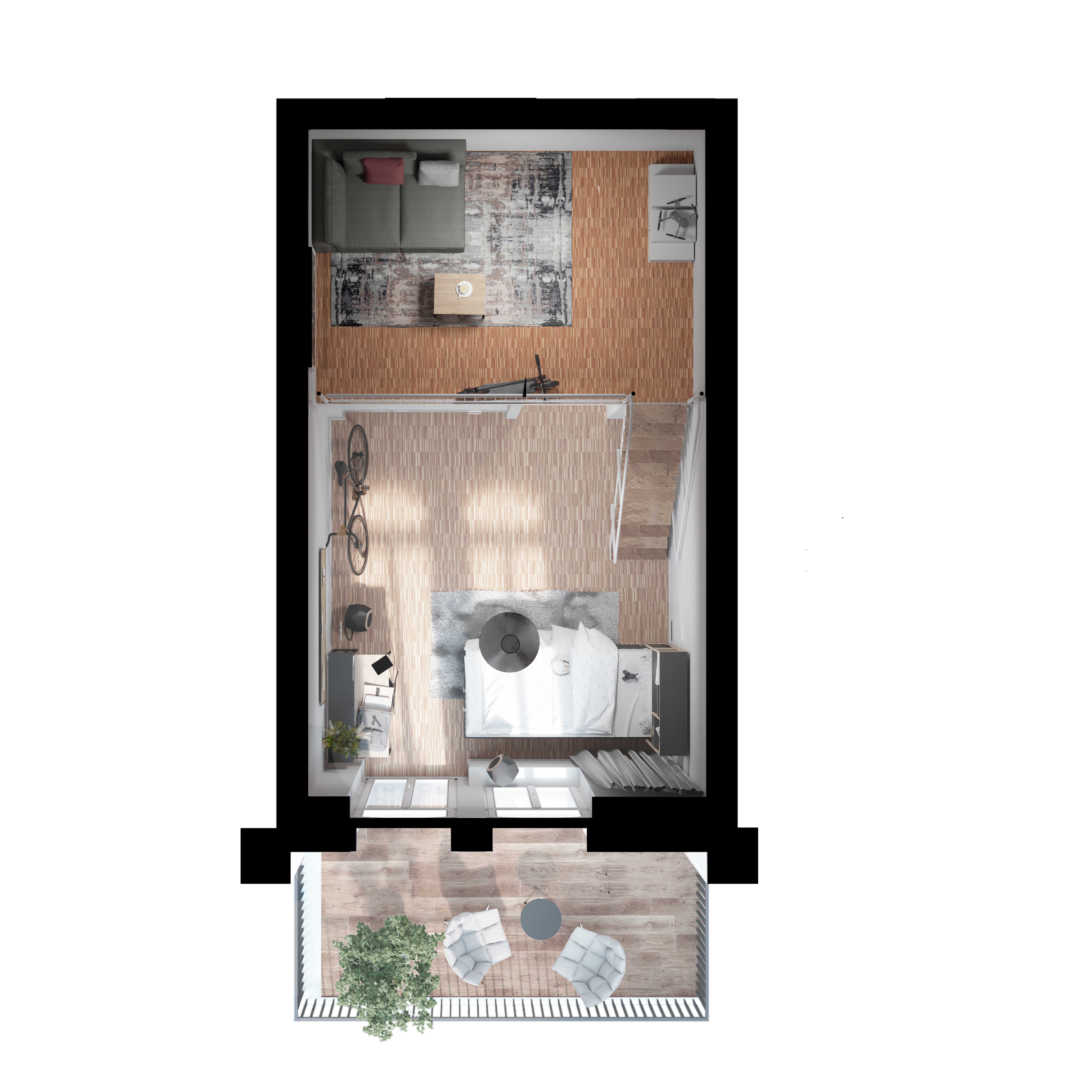 Grundriss Apartment BALCONY - Galeriegeschoss mit Bett und darunterliegendem Wohnbereich