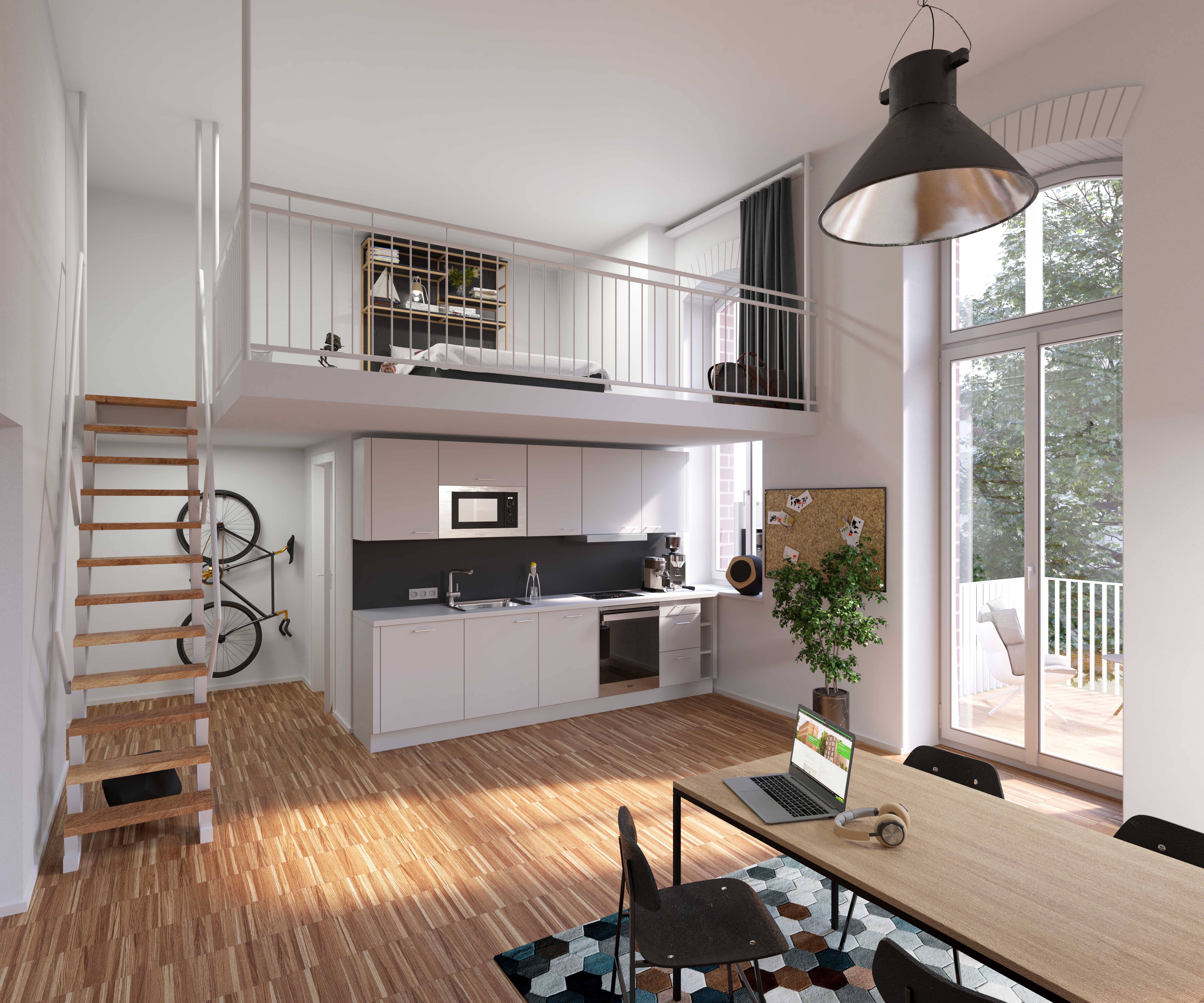 Modernes Loft-Apartment mit offener Küche, Arbeitsplatz und Galerie-Schlafbereich - stilvoll, hell und mit Balkon