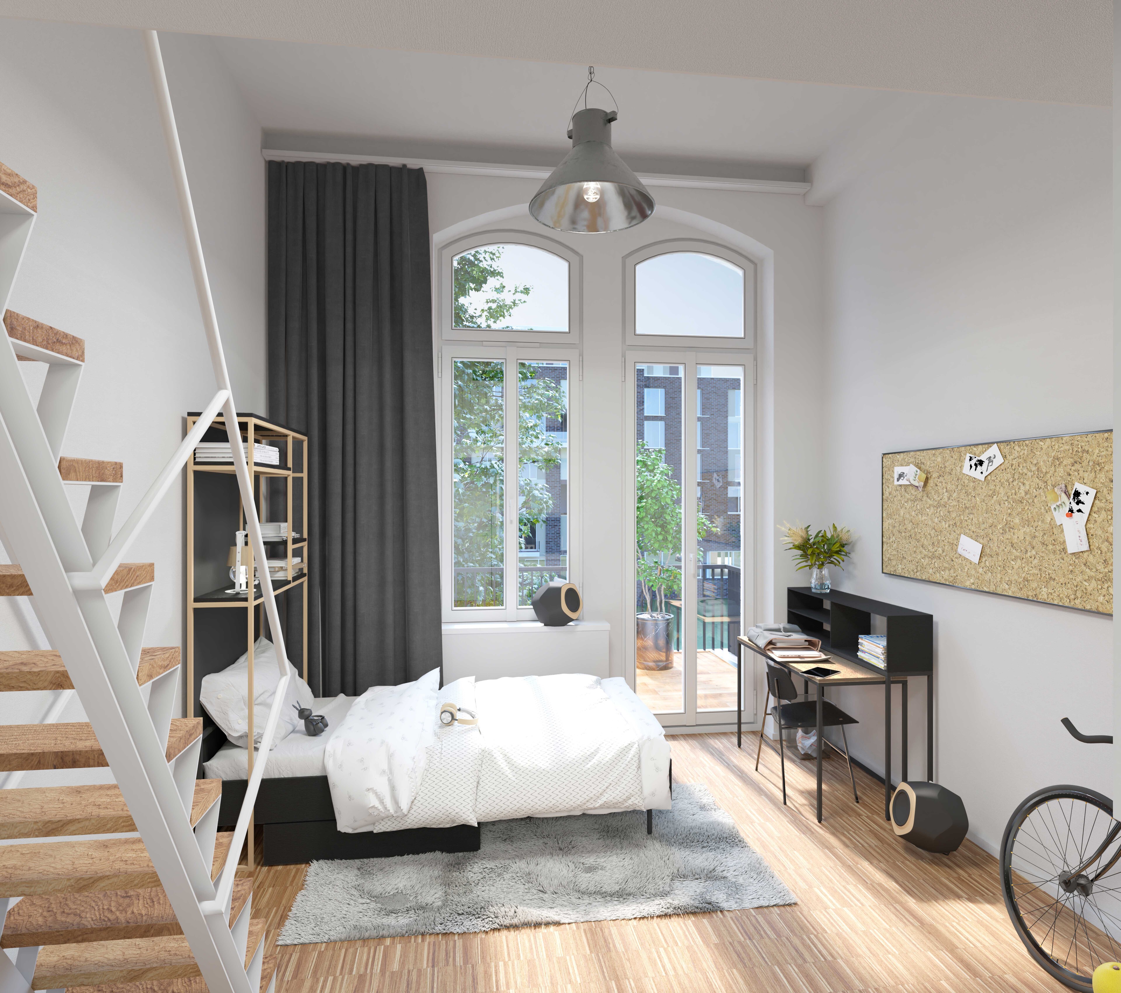 Innenansicht Apartment BALCONY mit französischem Fenster, Schreibtisch und gemütlichem Schlafbereich