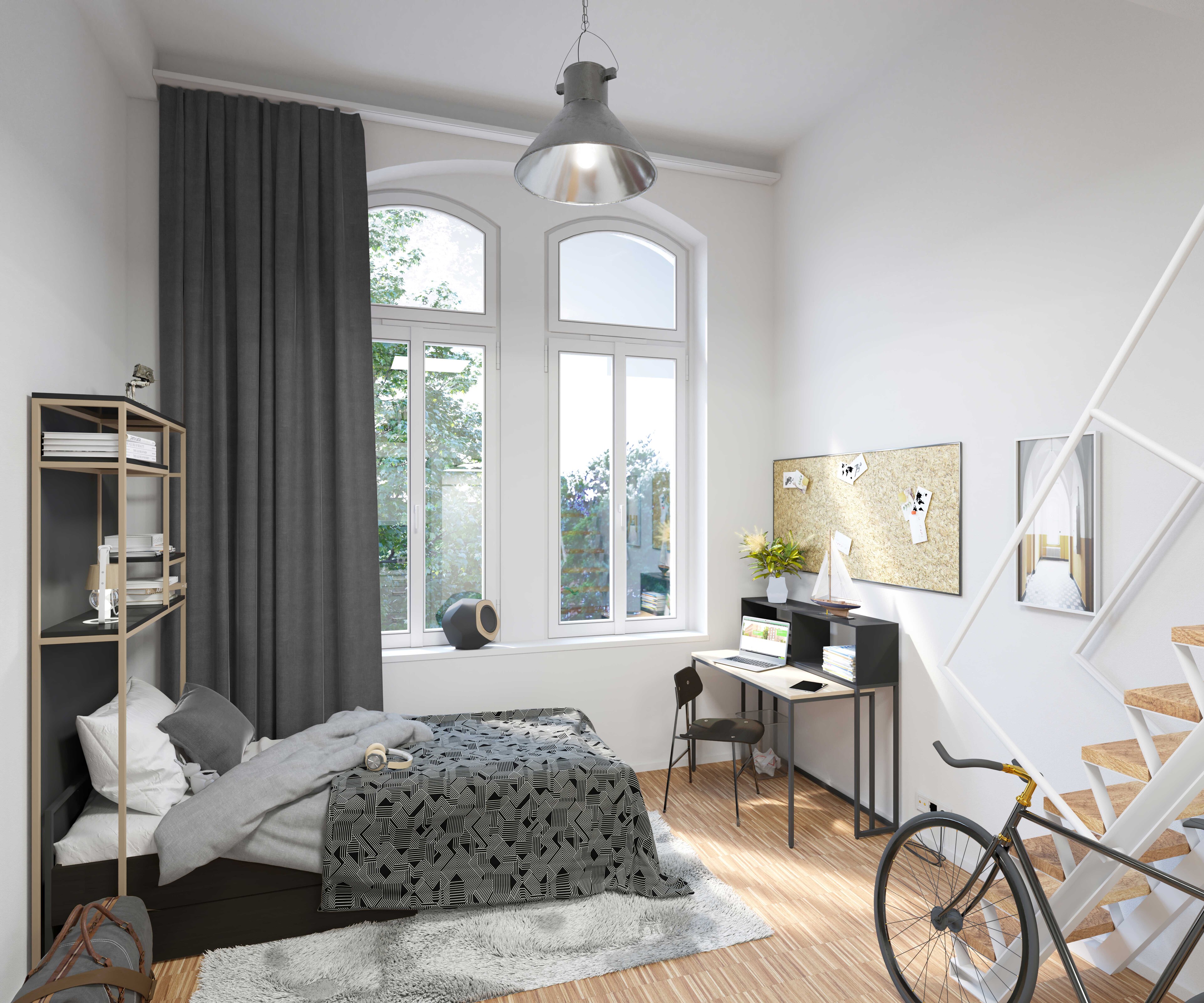 Kompaktes Standard-Apartment mit Bett, Schreibtisch, Fensterfront, Fahrrad und moderner Einrichtung.