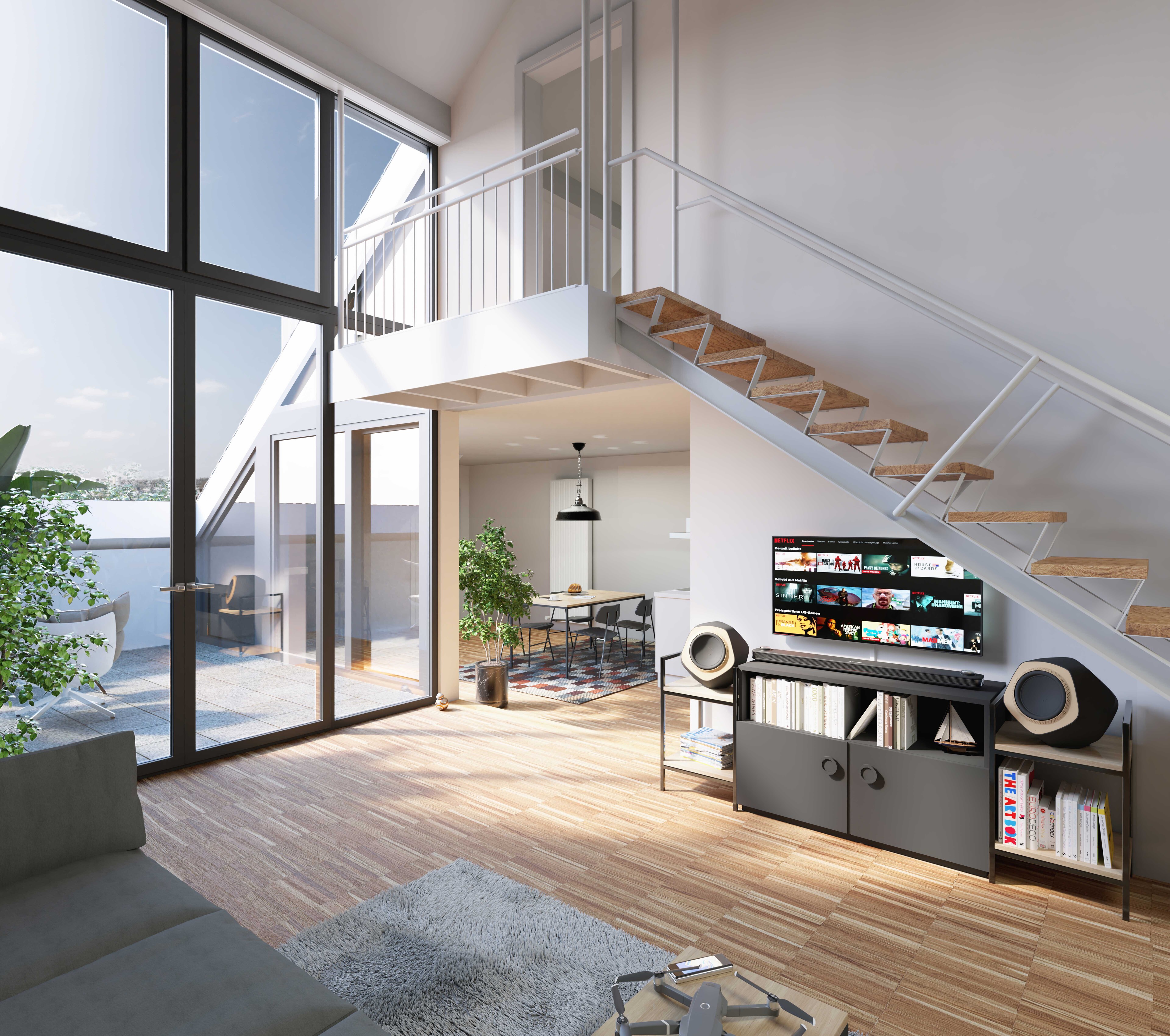Modernes Penthouse mit offener Treppe, bodentiefen Fenstern und Zugang zu einer großzügigen Terrasse