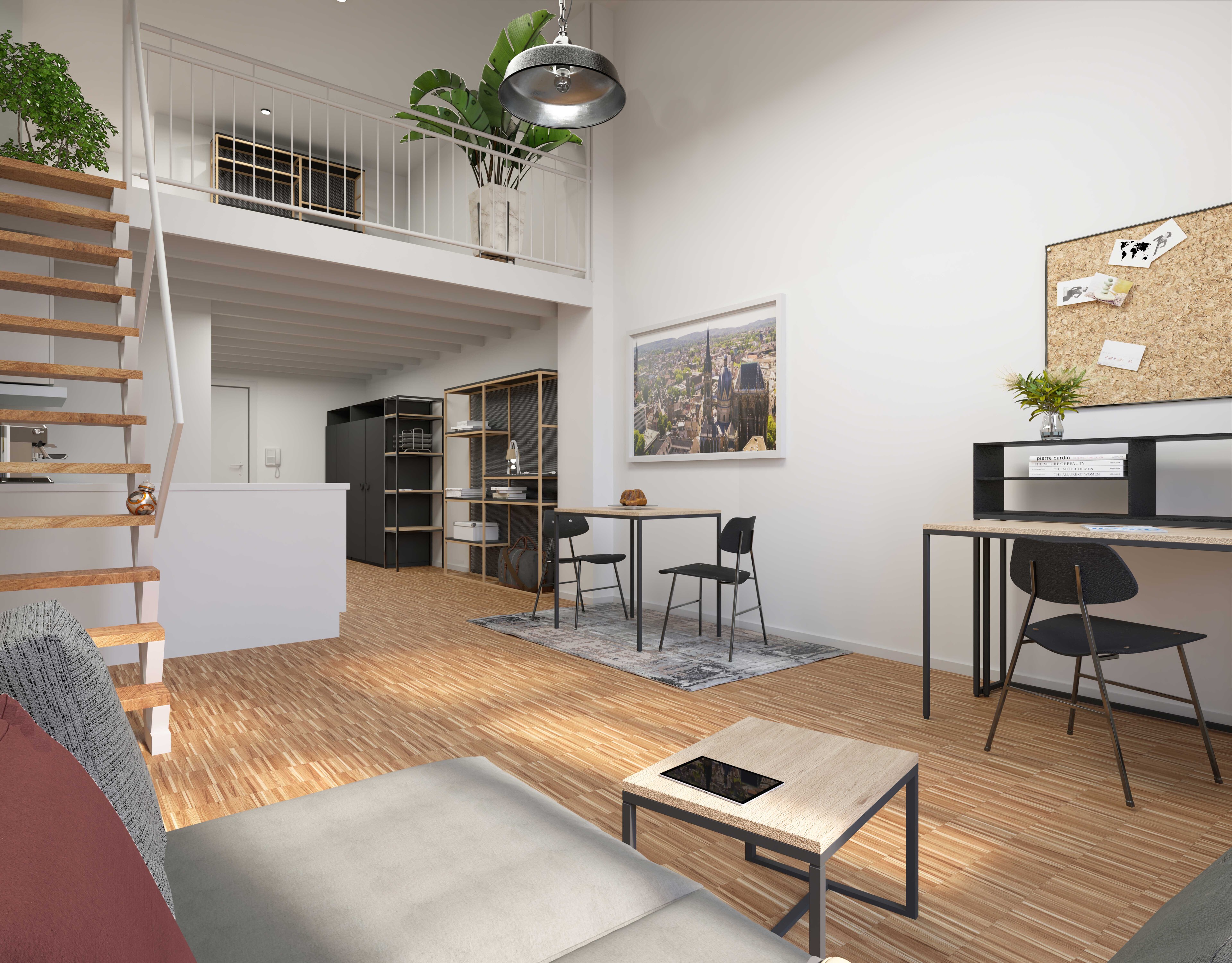 LOFT Apartment mit offener Galerie, Arbeitsbereich, großzügigem Wohnraum und hochwertigem Interieur, stilvoll und funktional.