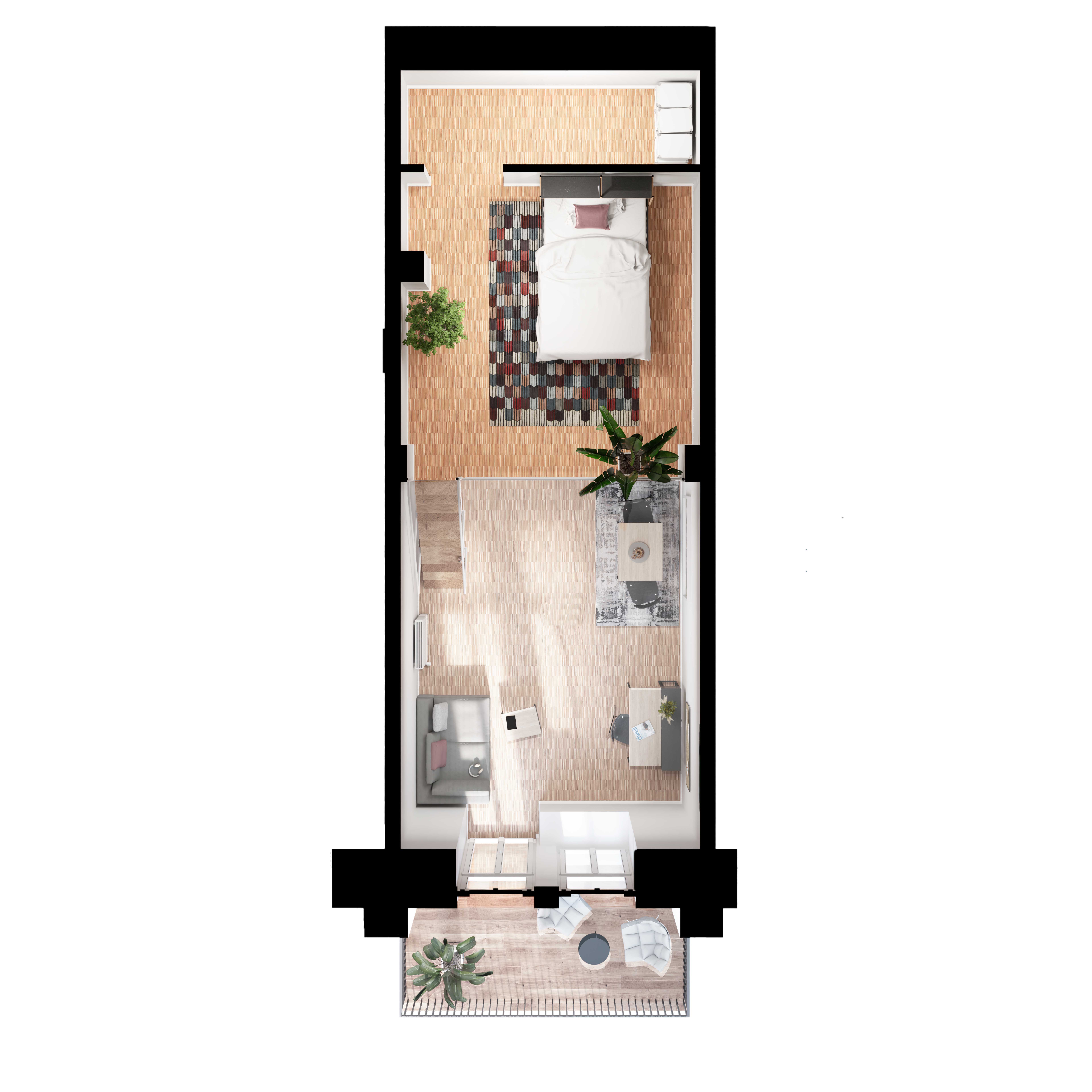 3D-Grundriss des LOFT Apartments mit Balkon, Wohn- und Schlafbereich auf zwei Ebenen, urbanes Design mit viel Raum.
