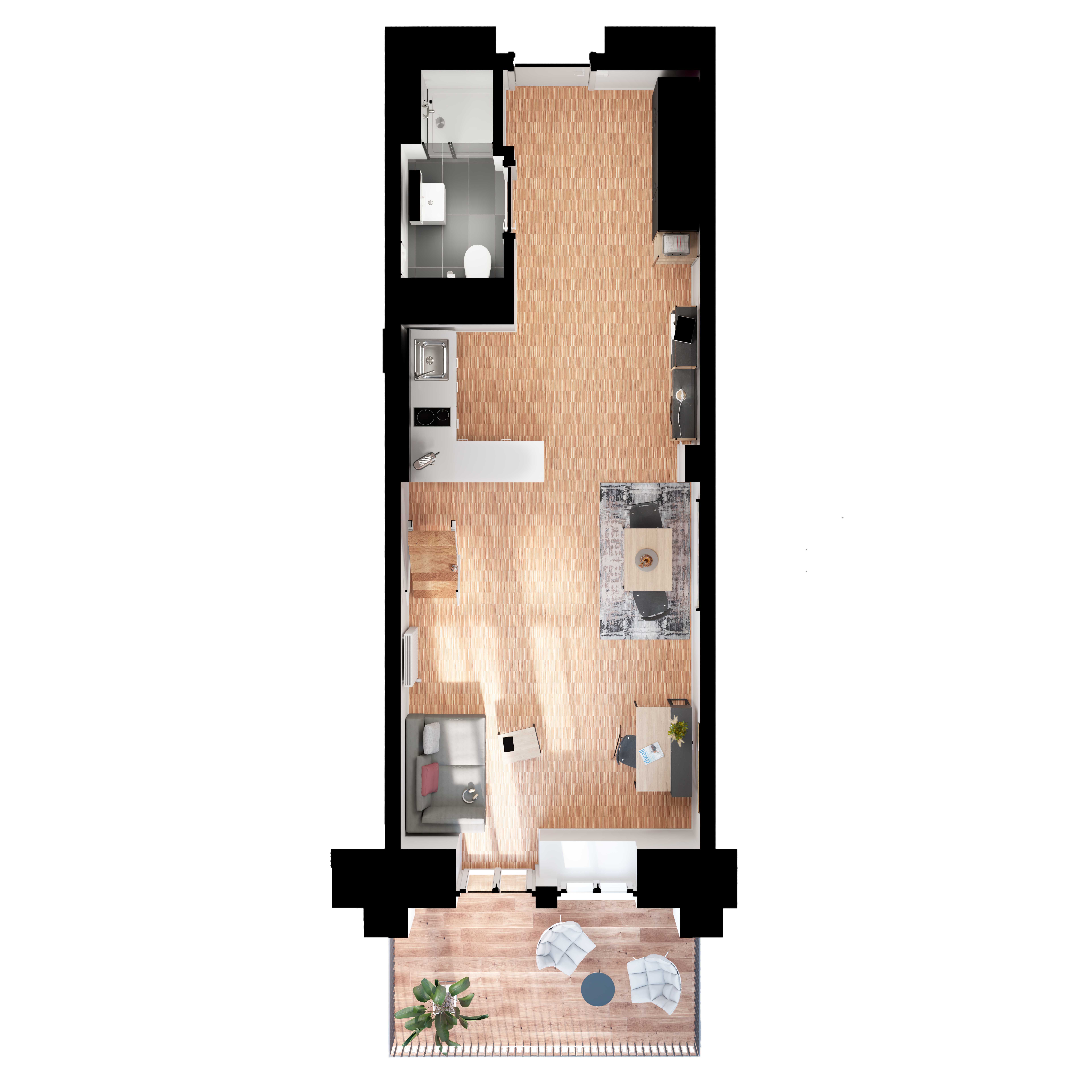 Top-Down-Ansicht des LOFT Apartments mit offener Küche, Bad und Arbeitsplatz, modernes Wohnen mit Loft-Charakter.