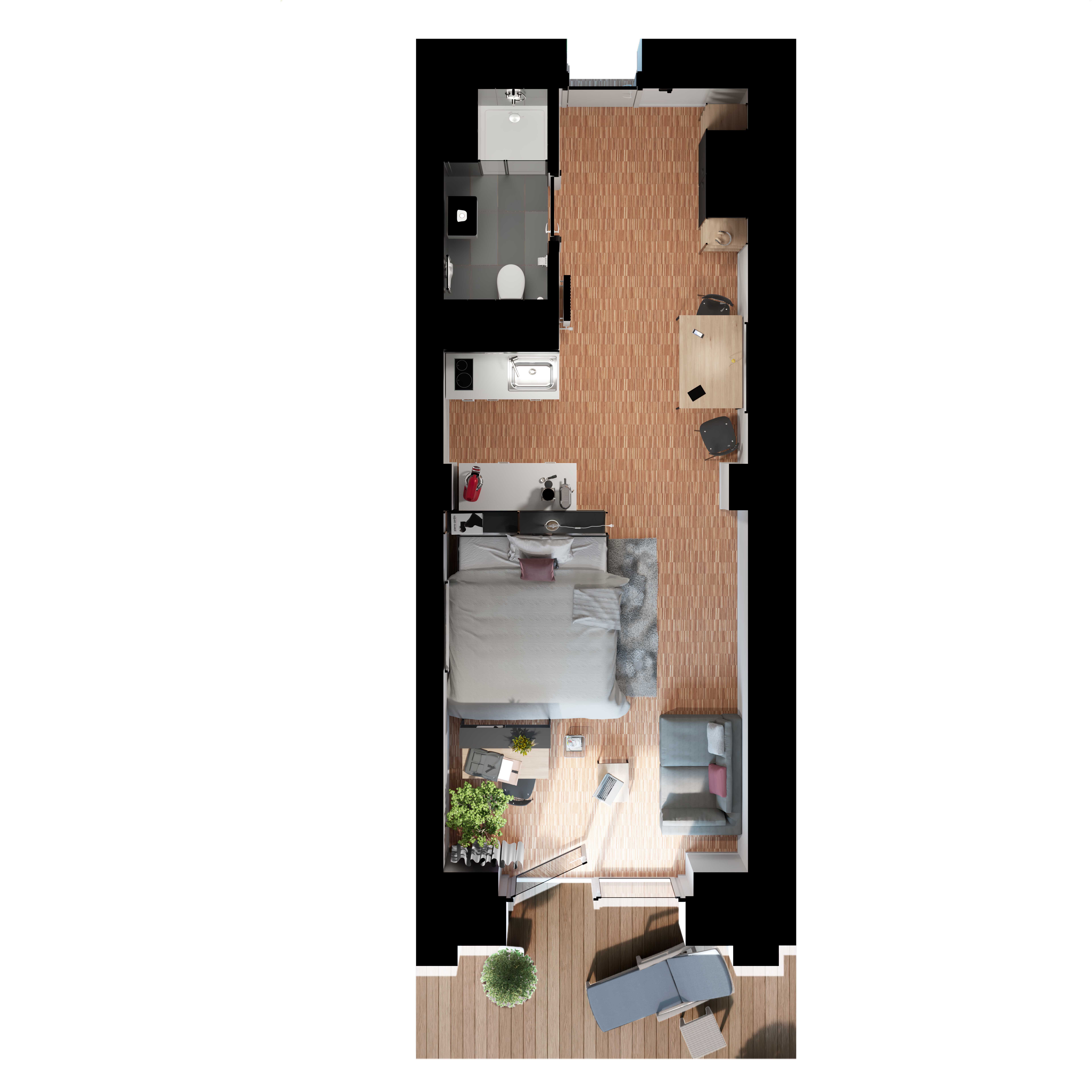 Detaillierter 2D-Grundriss des Garden-Apartments mit Wohn-, Schlaf-, Arbeits- und Badbereich sowie Terrasse