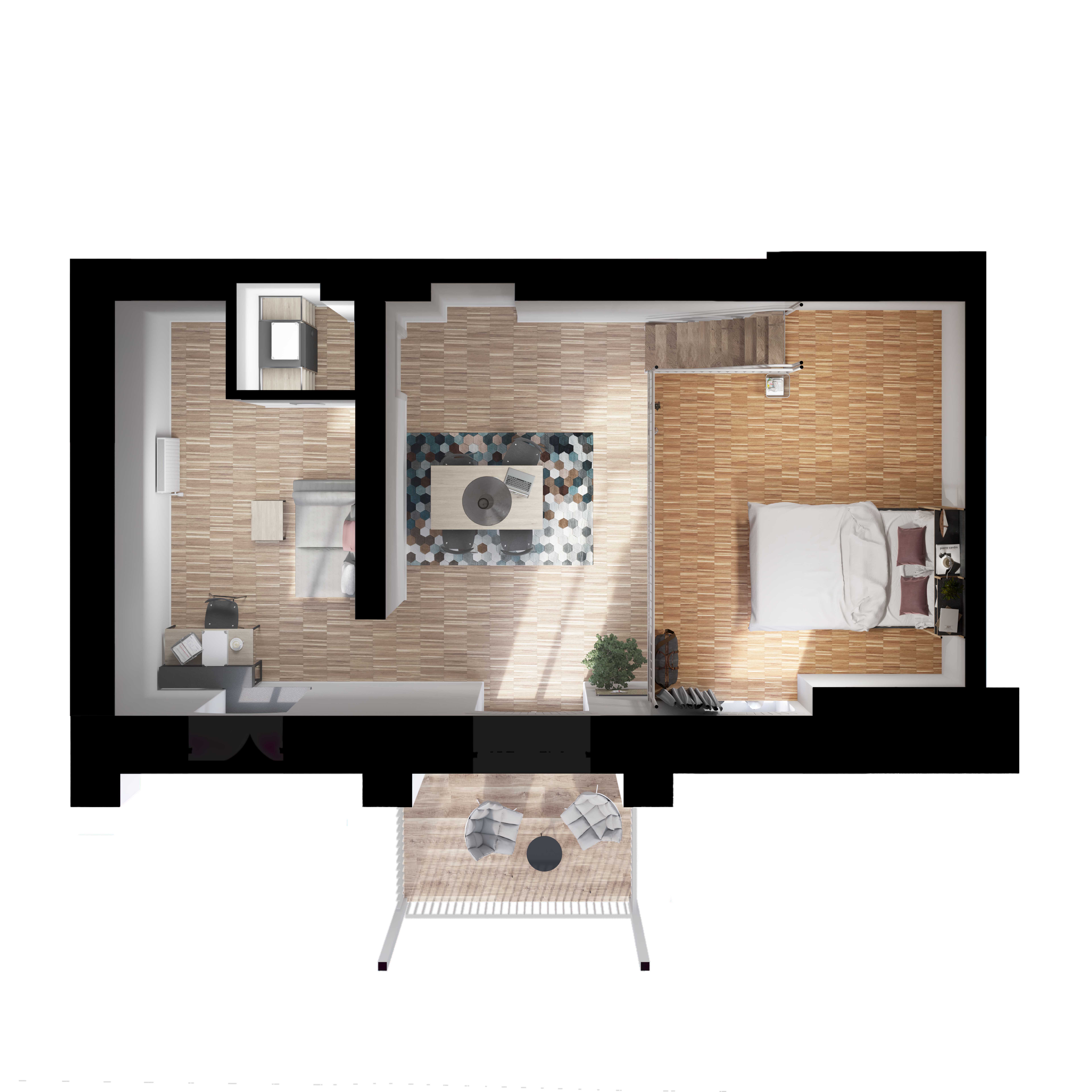 Grundriss des DELUXE-Apartments ohne Empore – funktionale Raumaufteilung mit Schlafbereich, Wohnbereich und Balkon.