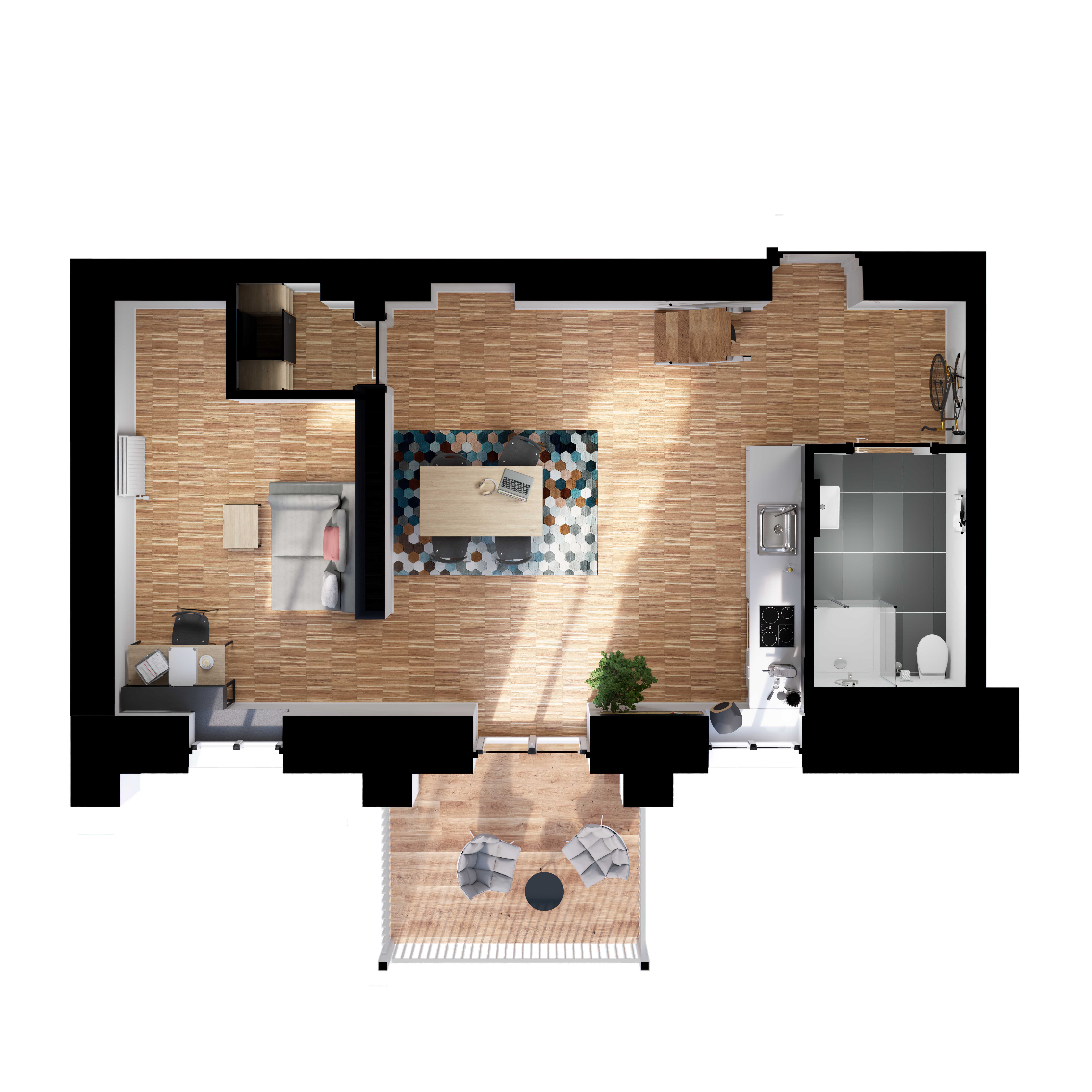 Grundriss des DELUXE-Apartments mit Empore, Raumkonzept mit Galerie-Schlafbereich, Küche, Bad und Balkon.