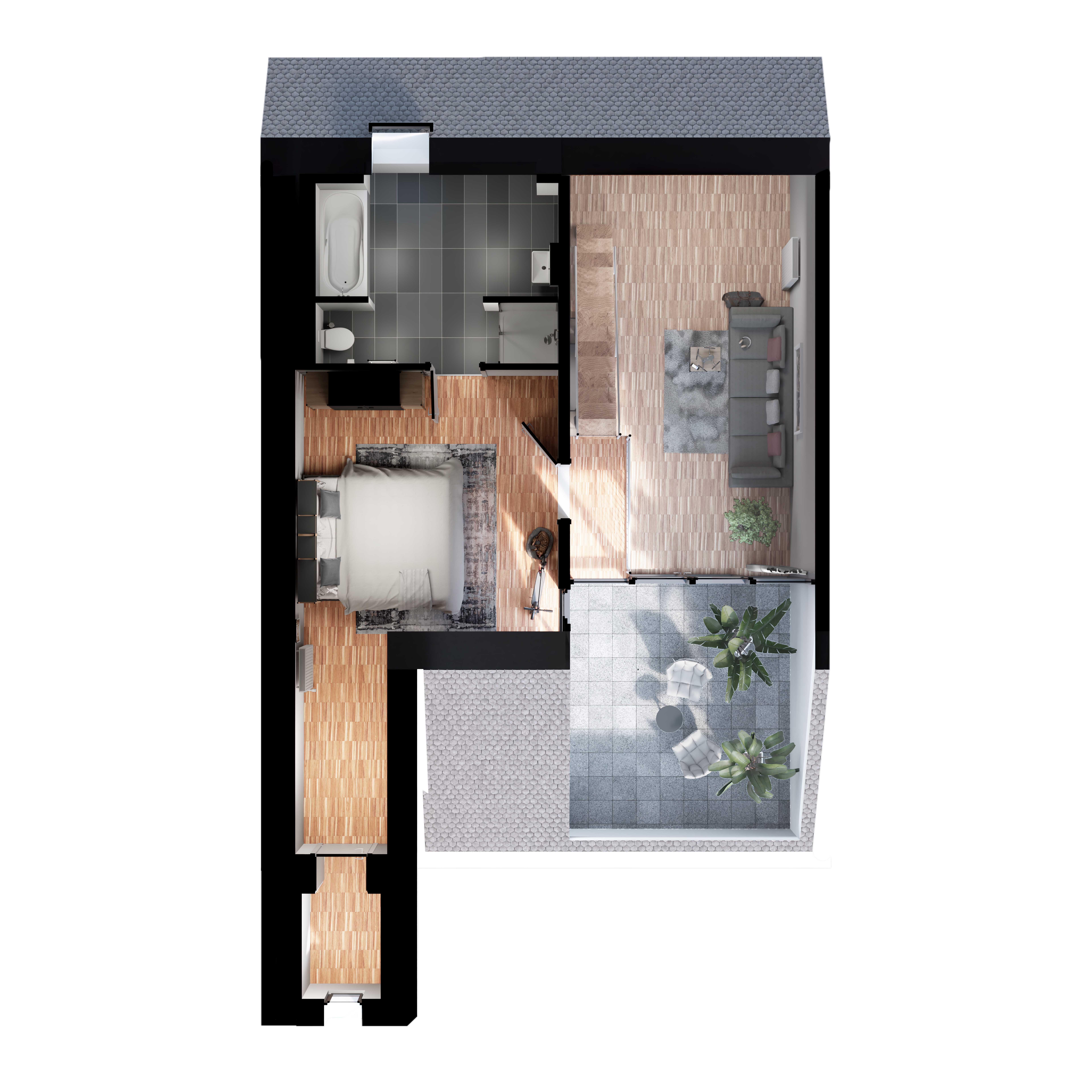 Draufsicht auf das Penthouse mit separatem Schlafzimmer, Bad, Wohnbereich und Balkon