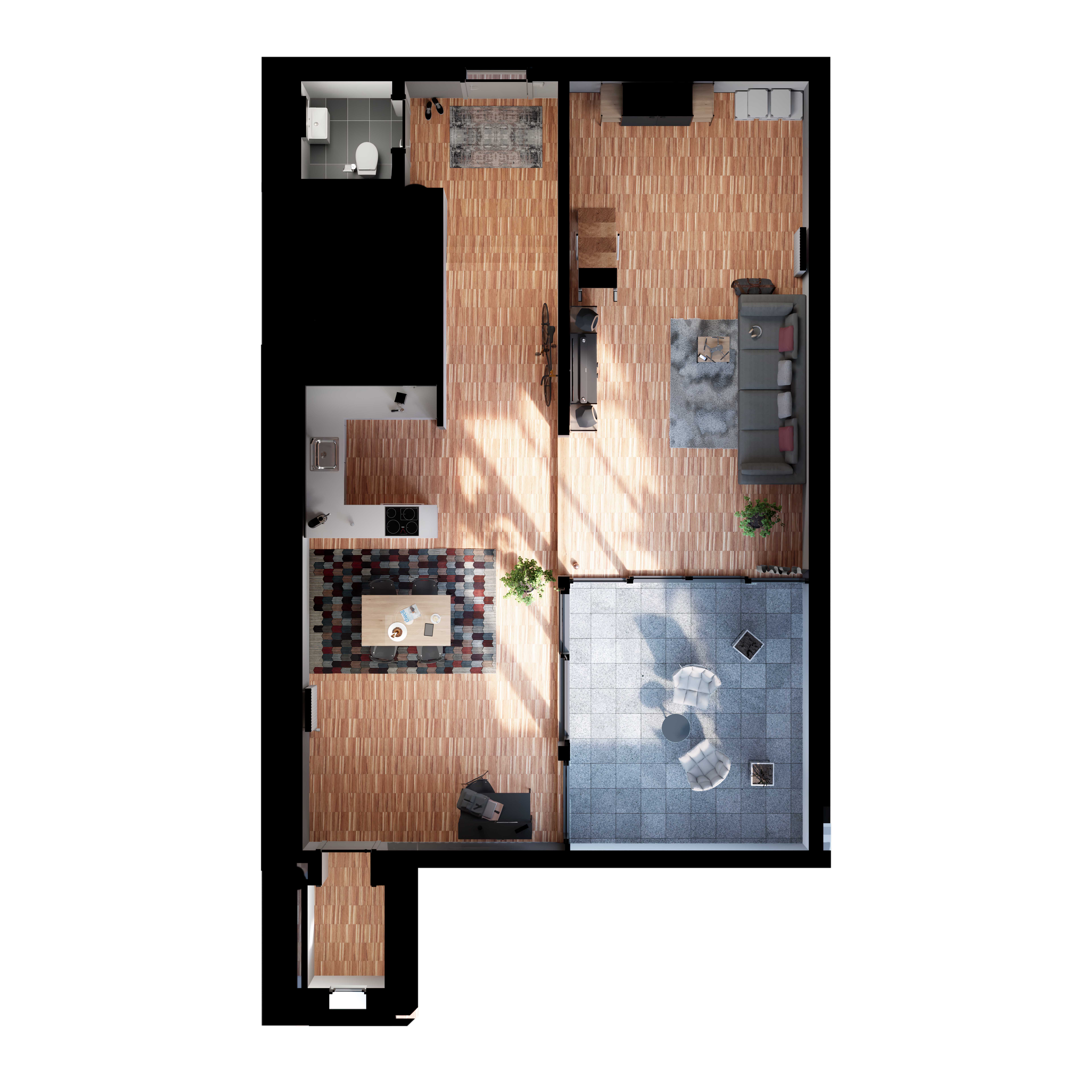 Möblierter Grundriss des Penthouse-Apartments mit Küche, Essbereich, gemütlichem Wohnzimmer und Terrasse