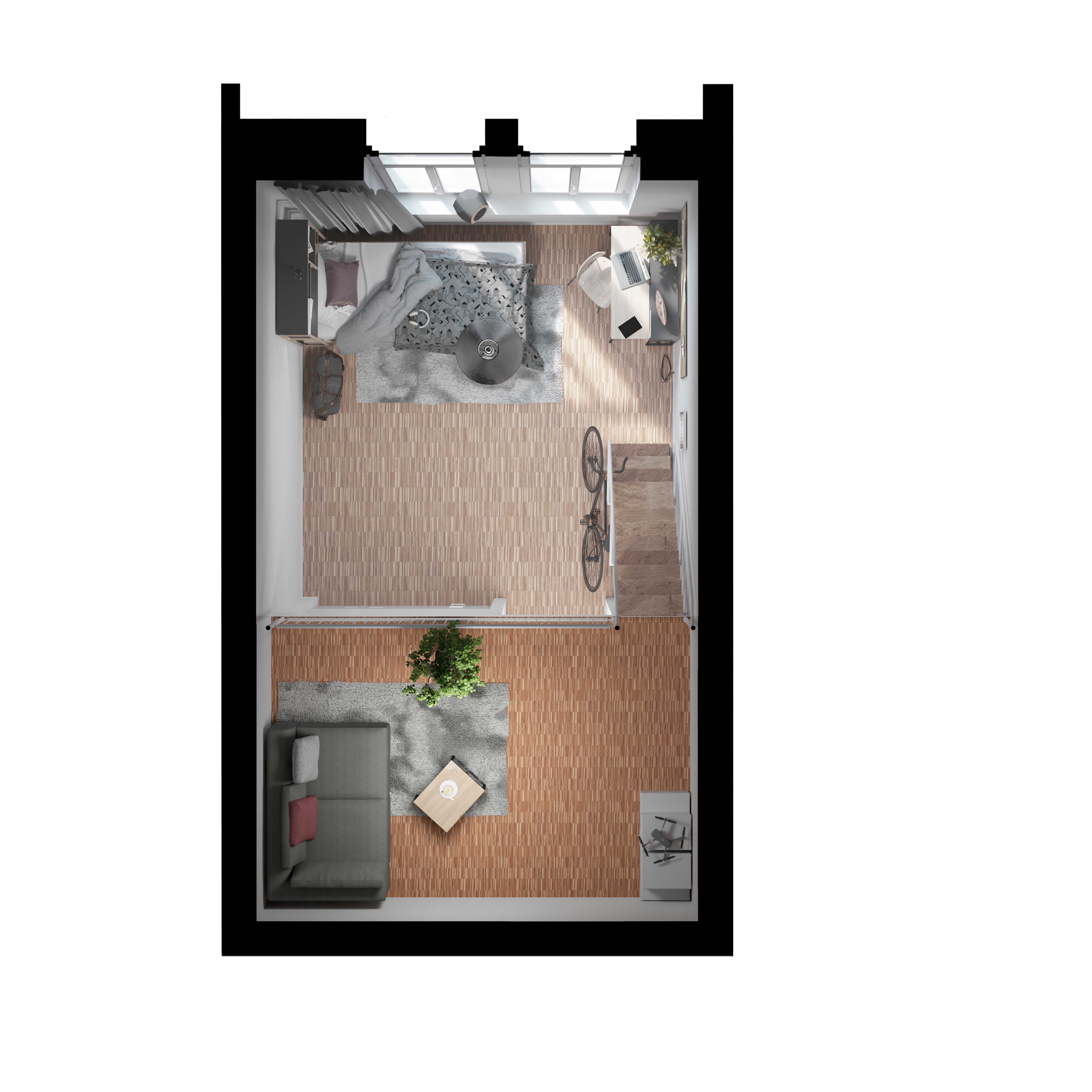 Obere Galerie des STANDARD-Apartments mit Sitzecke, darunter Schlaf- und Arbeitsbereich.