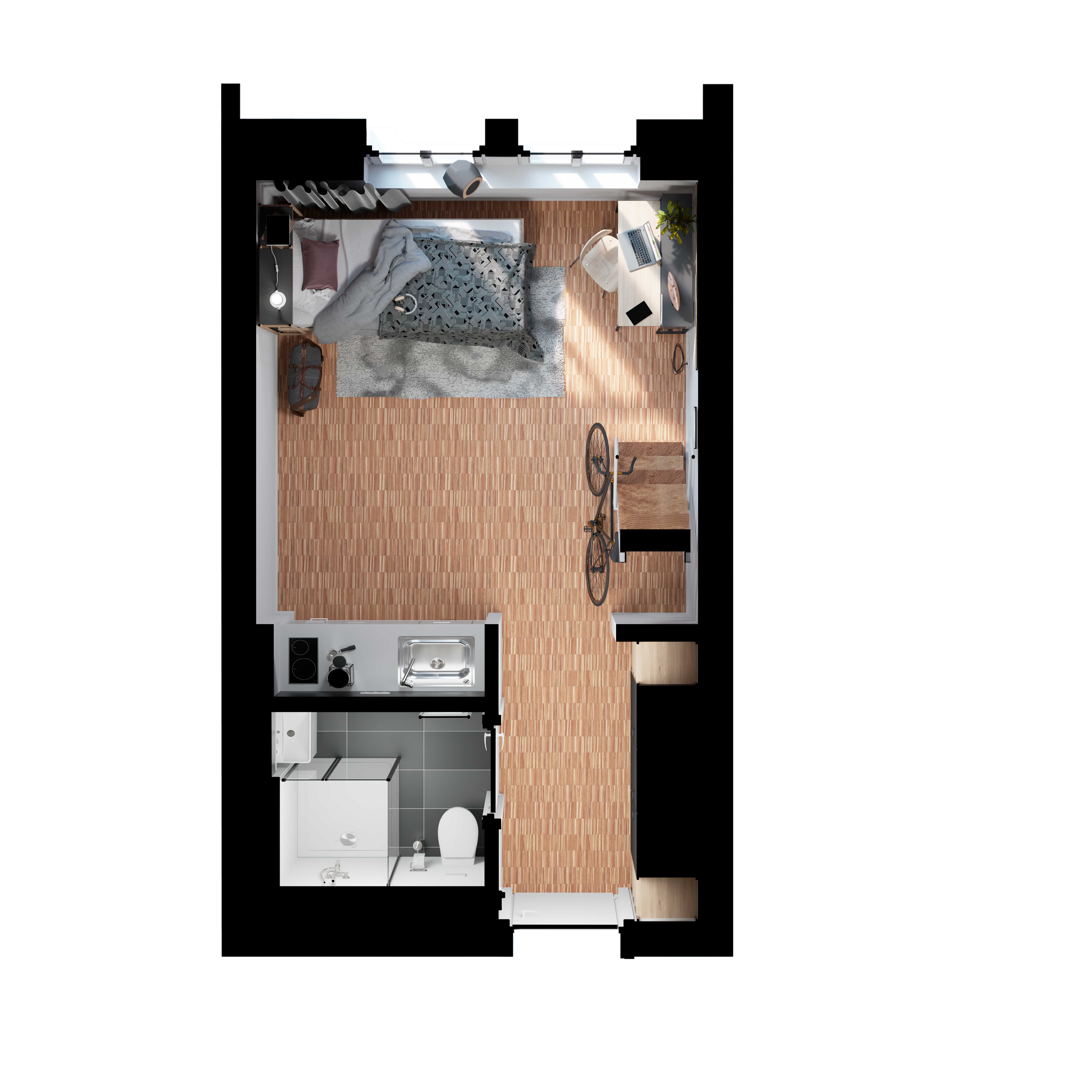 Unterer Grundriss des STANDARD-Apartments mit Küchenzeile, Bad und zentralem Wohn-Schlafbereich.