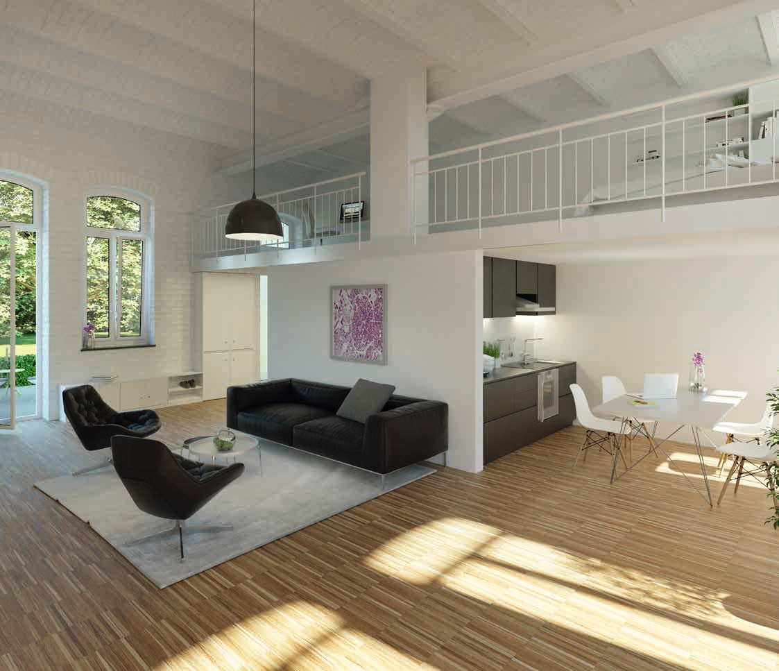 Lichtdurchflutetes Loft-Apartment im New-York-Stil mit Galerie, offener Küche und modernen Designmöbeln.