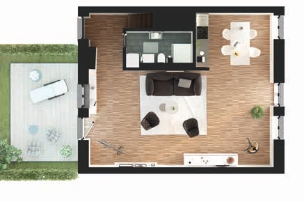 Grundriss der unteren Etage des New-York-Apartments mit Wohnbereich, Küche, Bad und Zugang zur privaten Gartenterrasse.