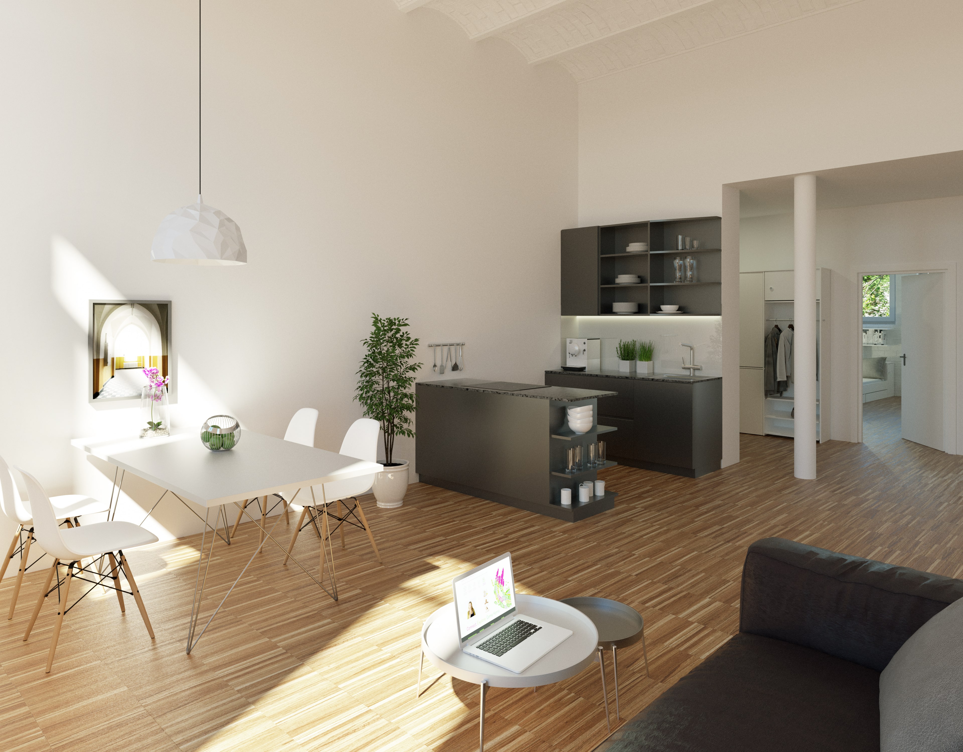Modernes, barrierefreies Loft-Apartment im denkmalgeschützten Kloster Guter Hirte in Aachen mit offener Designküche, Essbereich und hohen Decken, kombiniert mit stilvollem Parkettboden und heller Einrichtung.