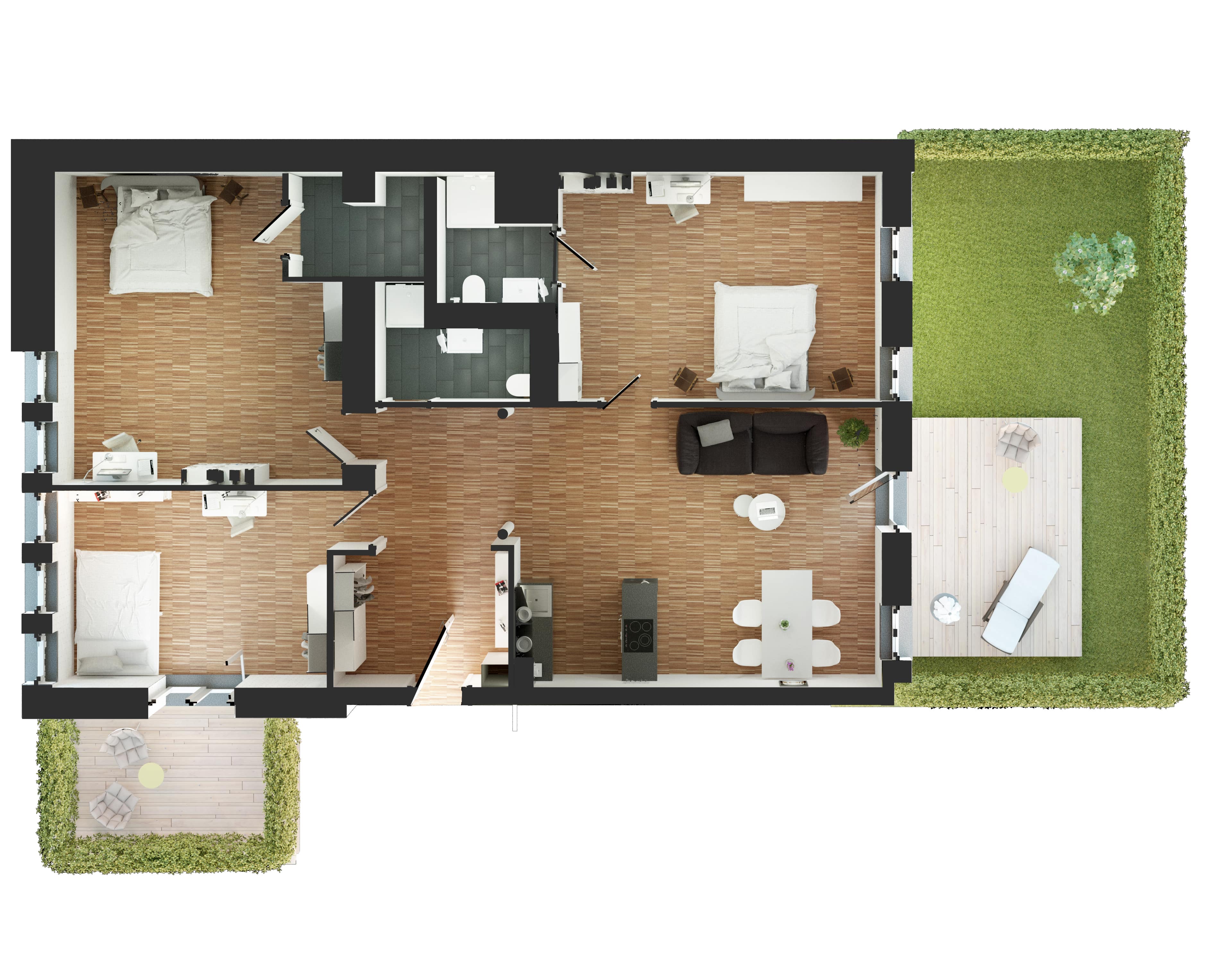 Grundriss einer barrierefreien 4-Zimmer-Wohnung im denkmalgeschützten Kloster Guter Hirte in Aachen mit großzügigem Wohn- und Essbereich, moderner offener Küche, zwei Badezimmern, drei Schlafzimmern, zwei Terrassen und Gartenfläche.