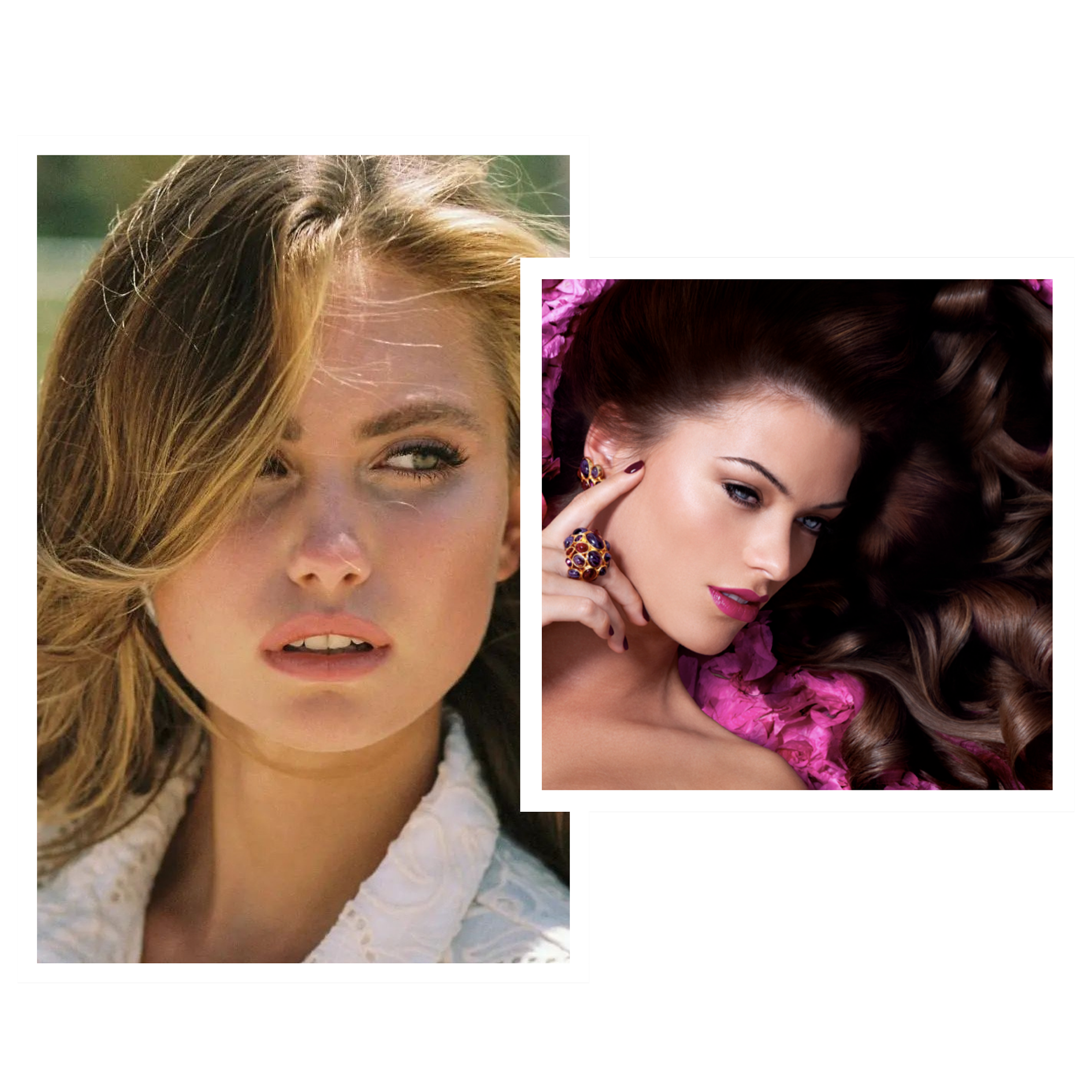 Dos mujeres con maquillaje elegante, una mirando hacia la izquierda con cabello rubio y la otra recostada sobre flores rosas con cabello largo y oscuro.