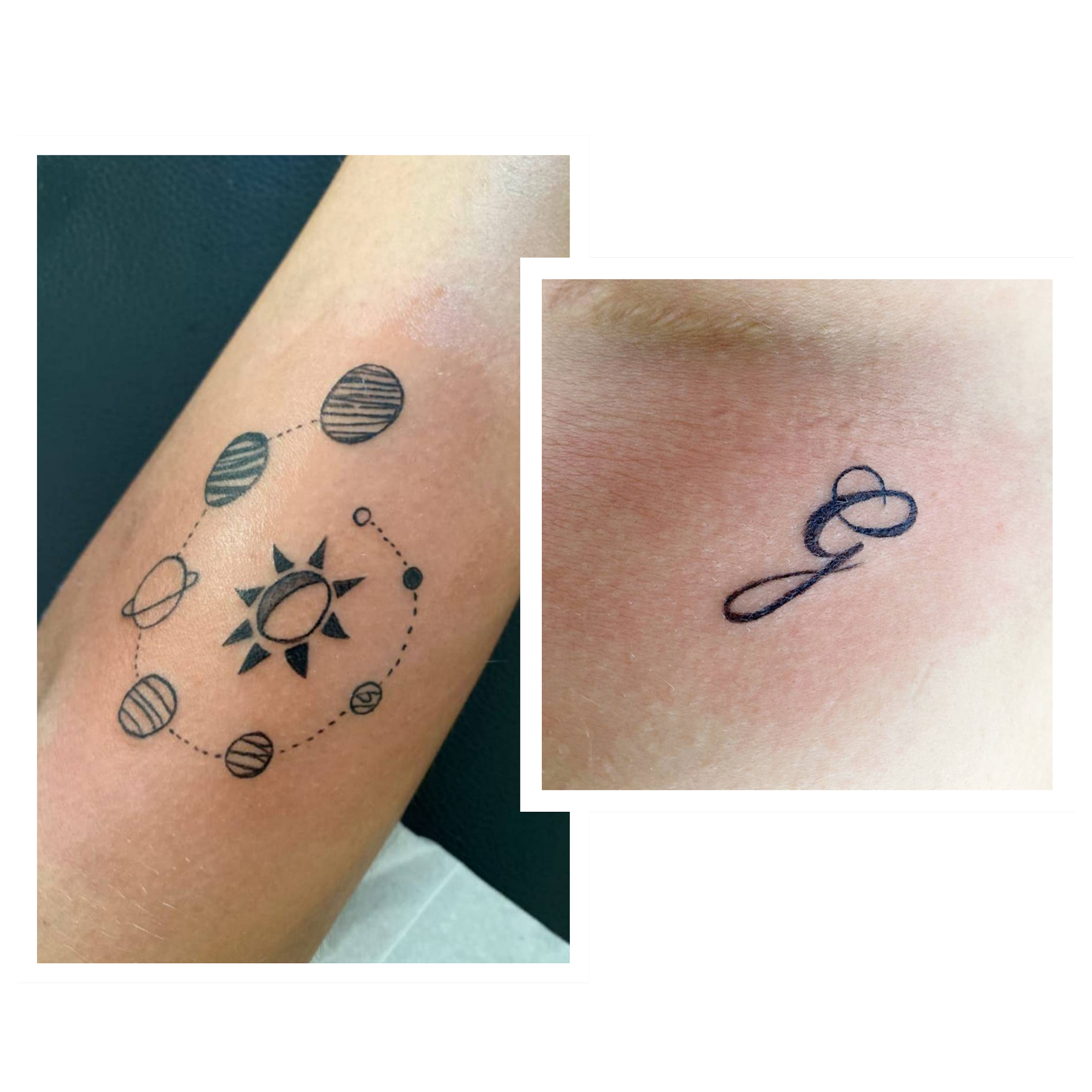 Dos tatuajes en la piel: uno muestra un sistema solar estilizado con el sol al centro y varios planetas alrededor; el otro es una letra 'G' en estilo caligráfico.