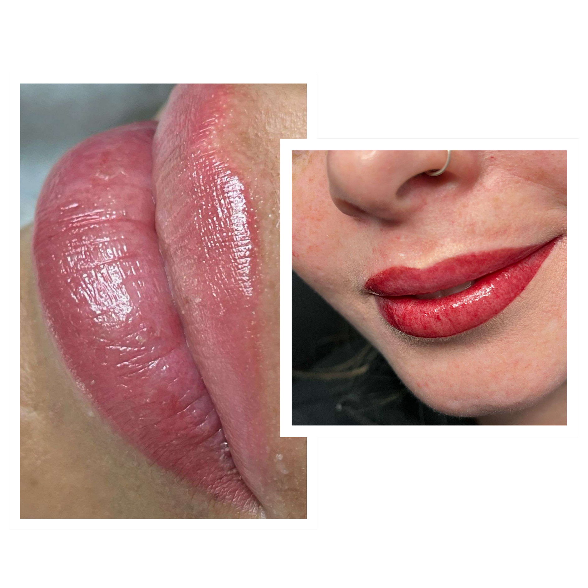 Primer plano de labios femeninos, uno con brillo labial rosado y otro con lápiz labial rojo y un aro en la nariz.