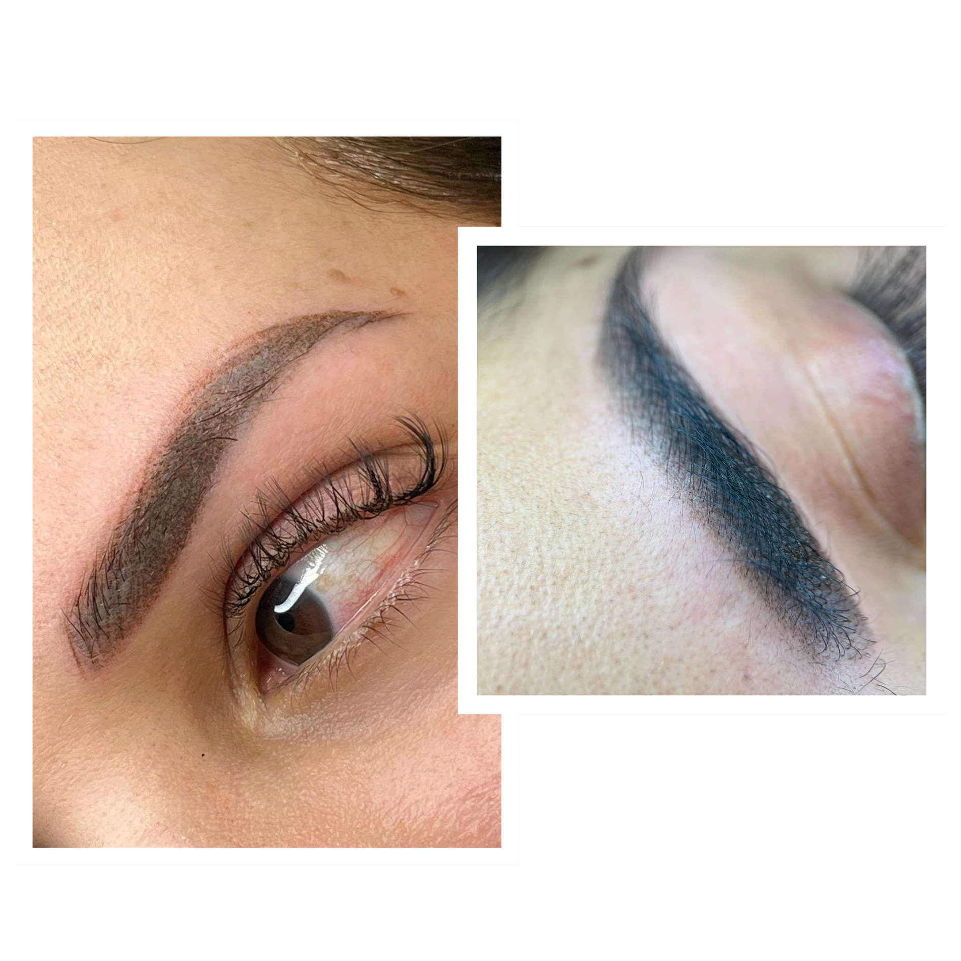 Primer plano de dos cejas recientemente teñidas o tatuadas, mostrando detalles de las pestañas y la piel alrededor.