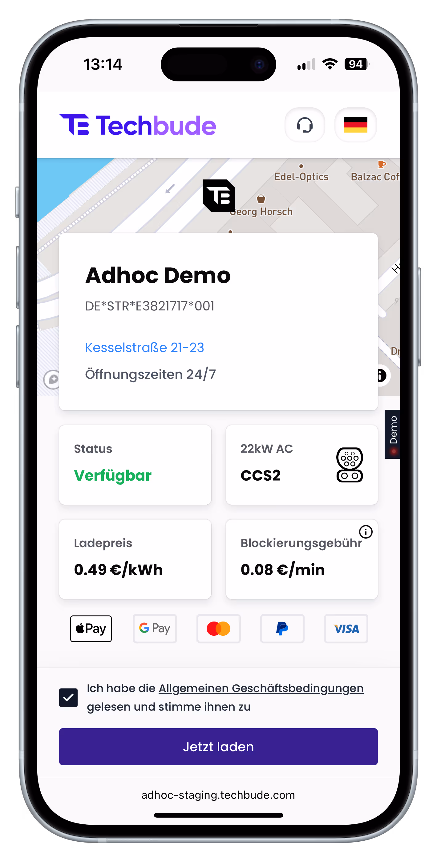 Scan2Pay Start Screen that shows techbude Charging Flow