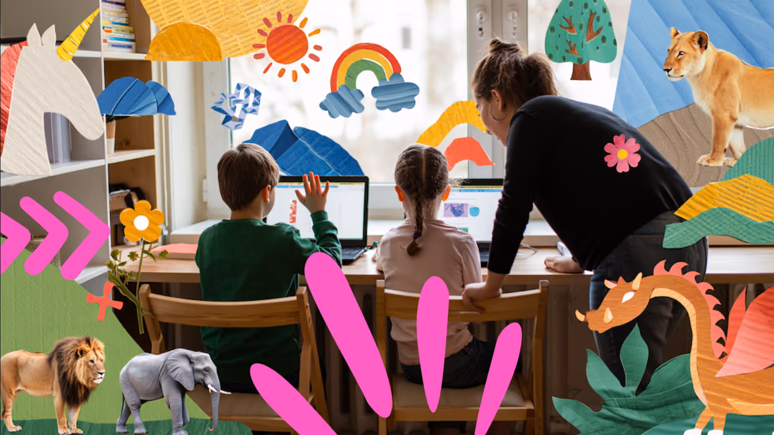 Students learning through an online primary school with help from a parent