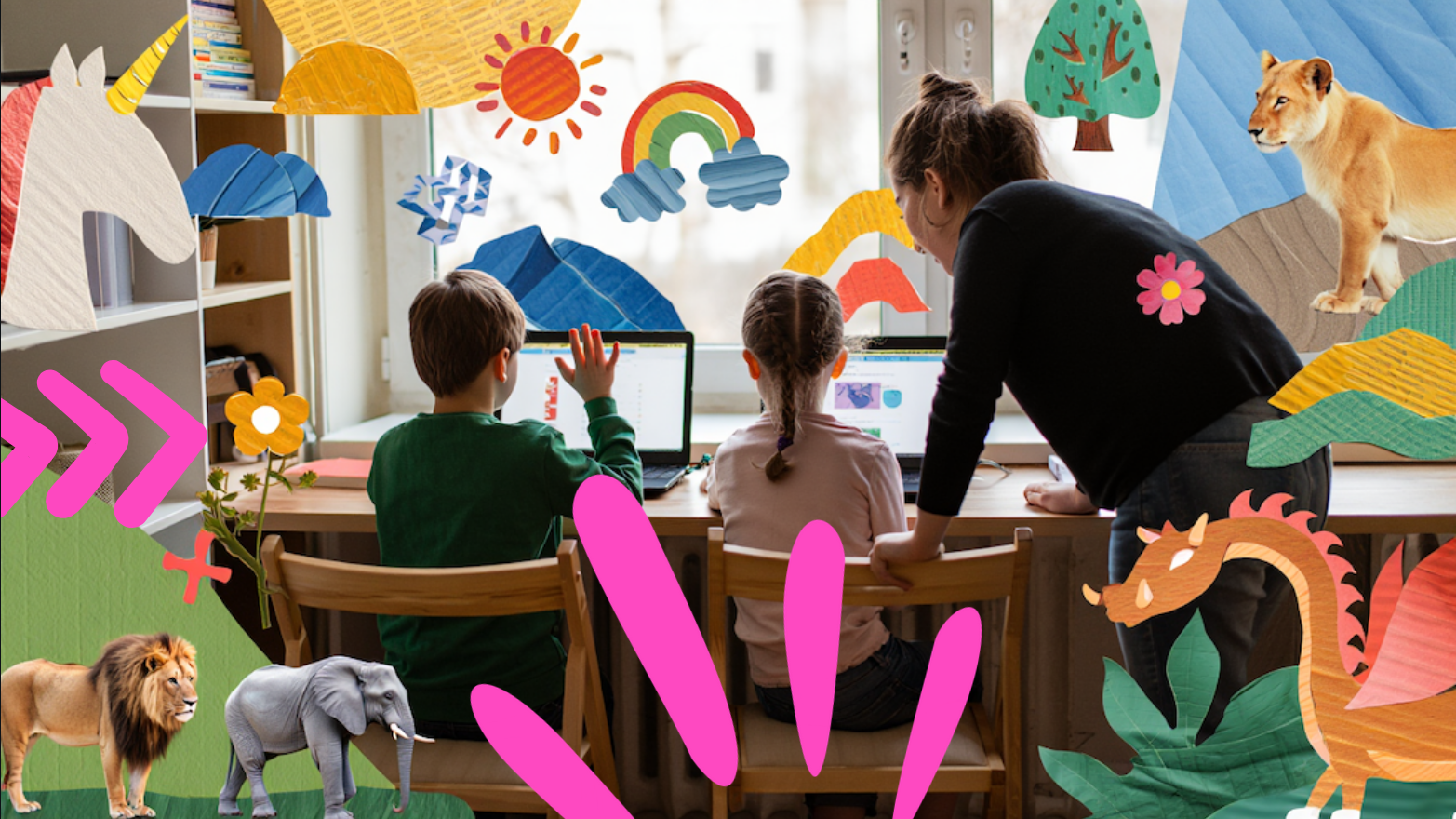 Students learning through an online primary school with help from a parent