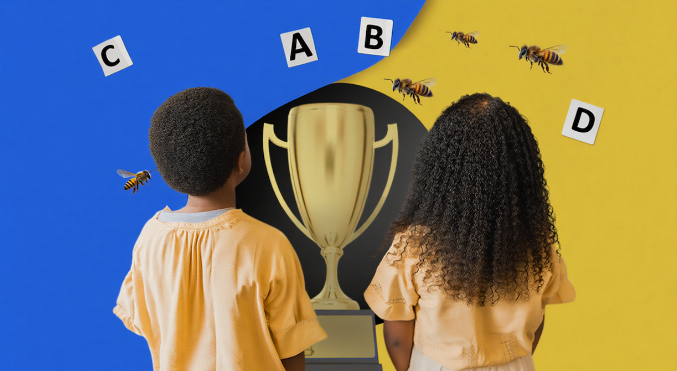 Homeschool students learning spelling words to prepare for a spelling bee